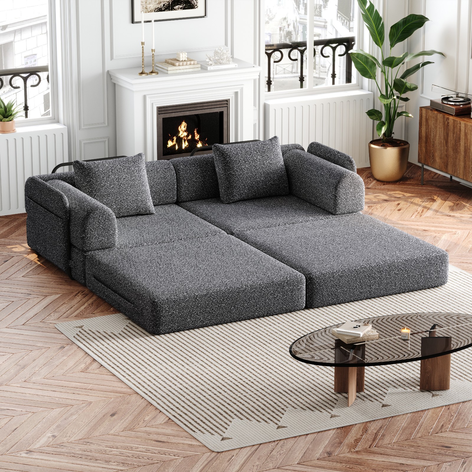 72in foldable Chenier sofa, equipped two side storage bags and two cushions Grey