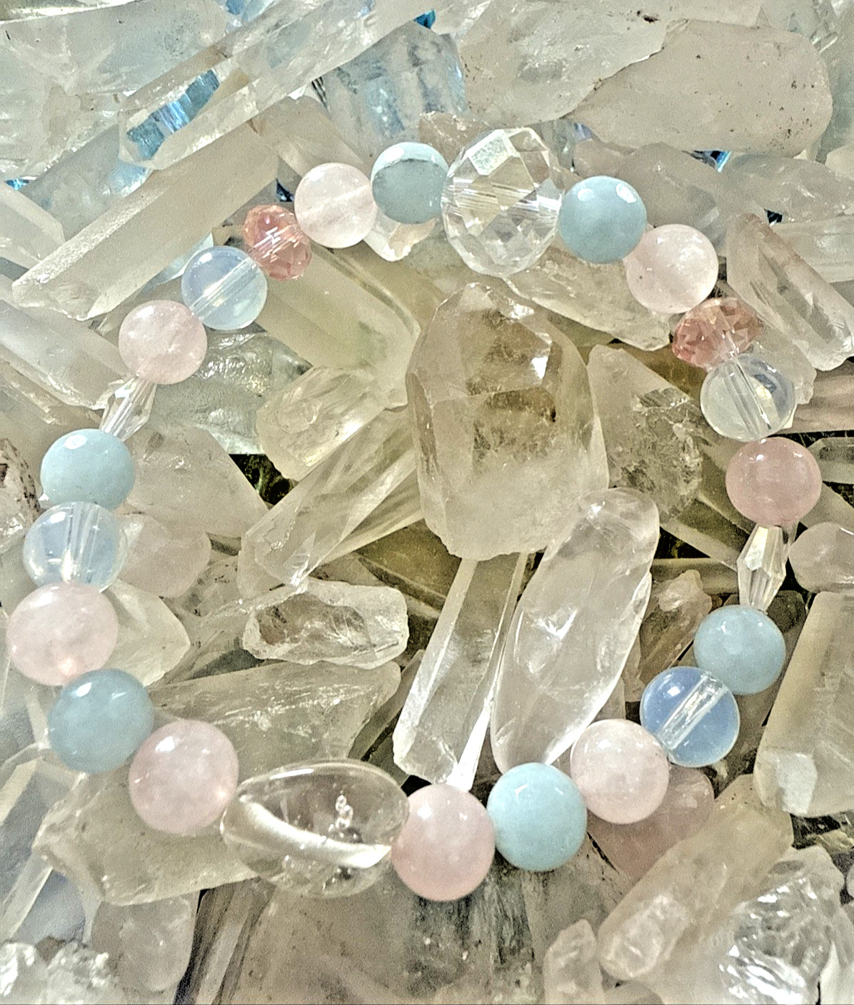 STACKABLE ENERGY BRACELET by Connie PINK QUARTZ BLUE CHALCEDONY CRYSTAL HEART