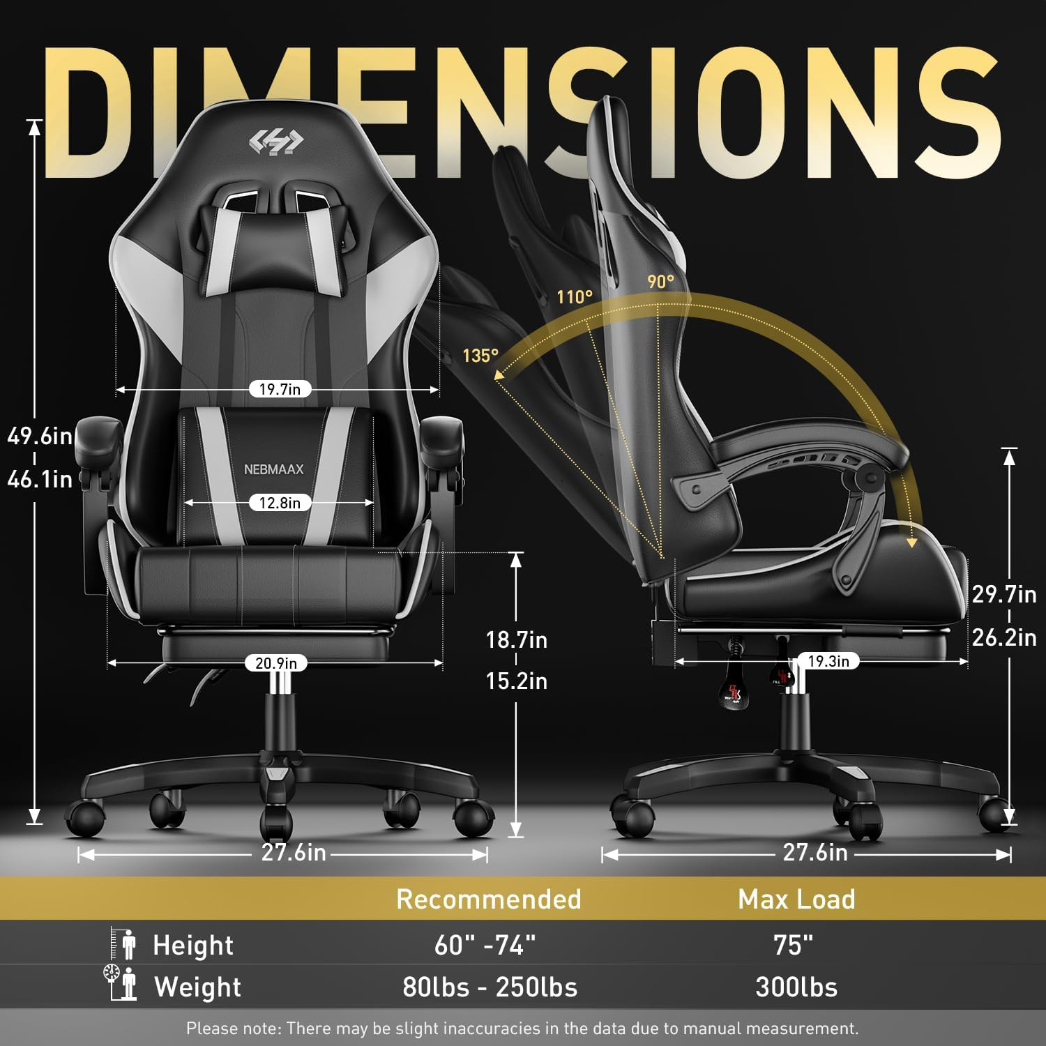 NEBMAAX Gaming Chair, Ergonomic Computer Chair, Black