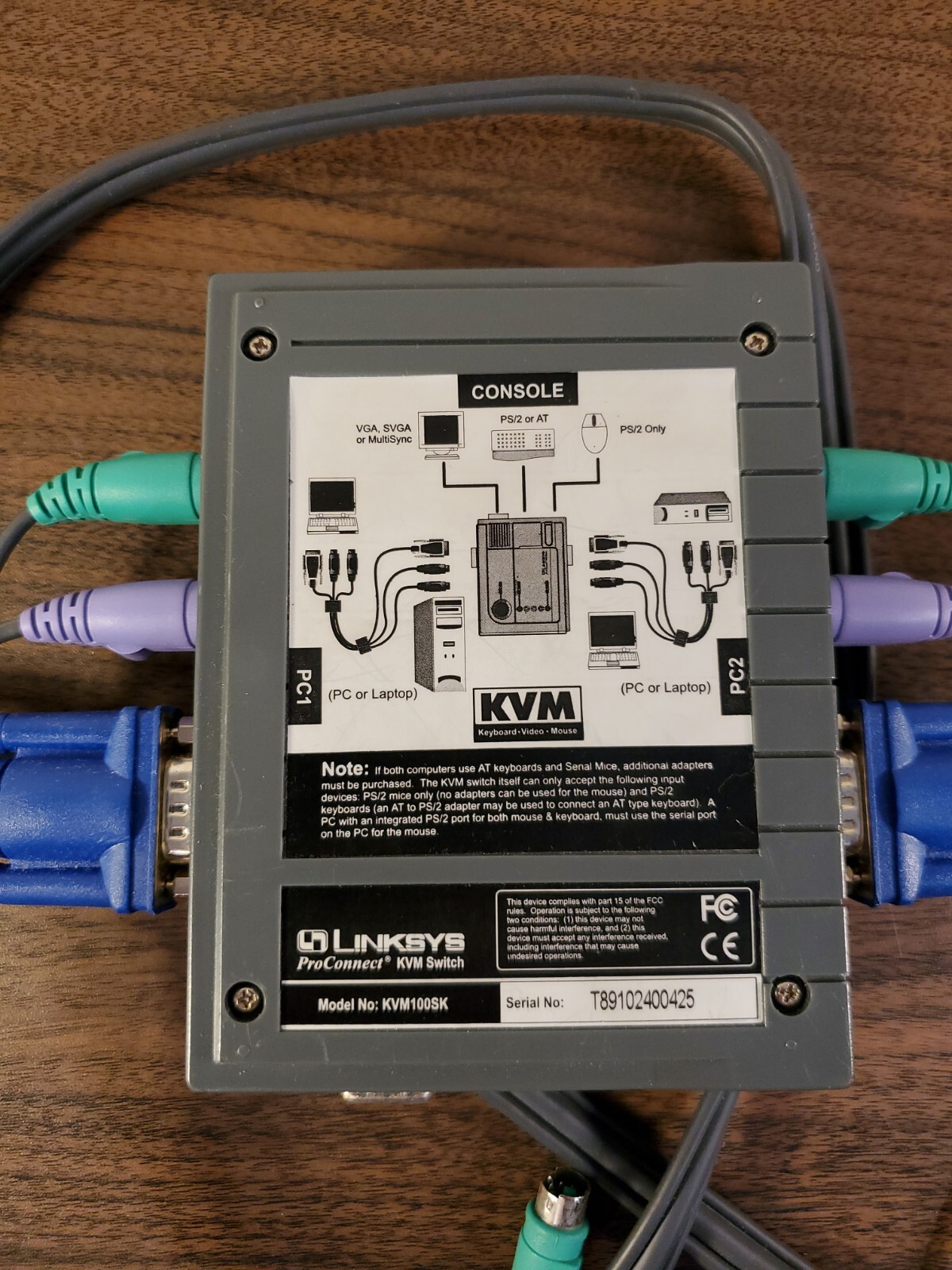 Linksys ProConnect 2-Port Compact KVM Switch PS2KVM2 w/ Cables - untested
