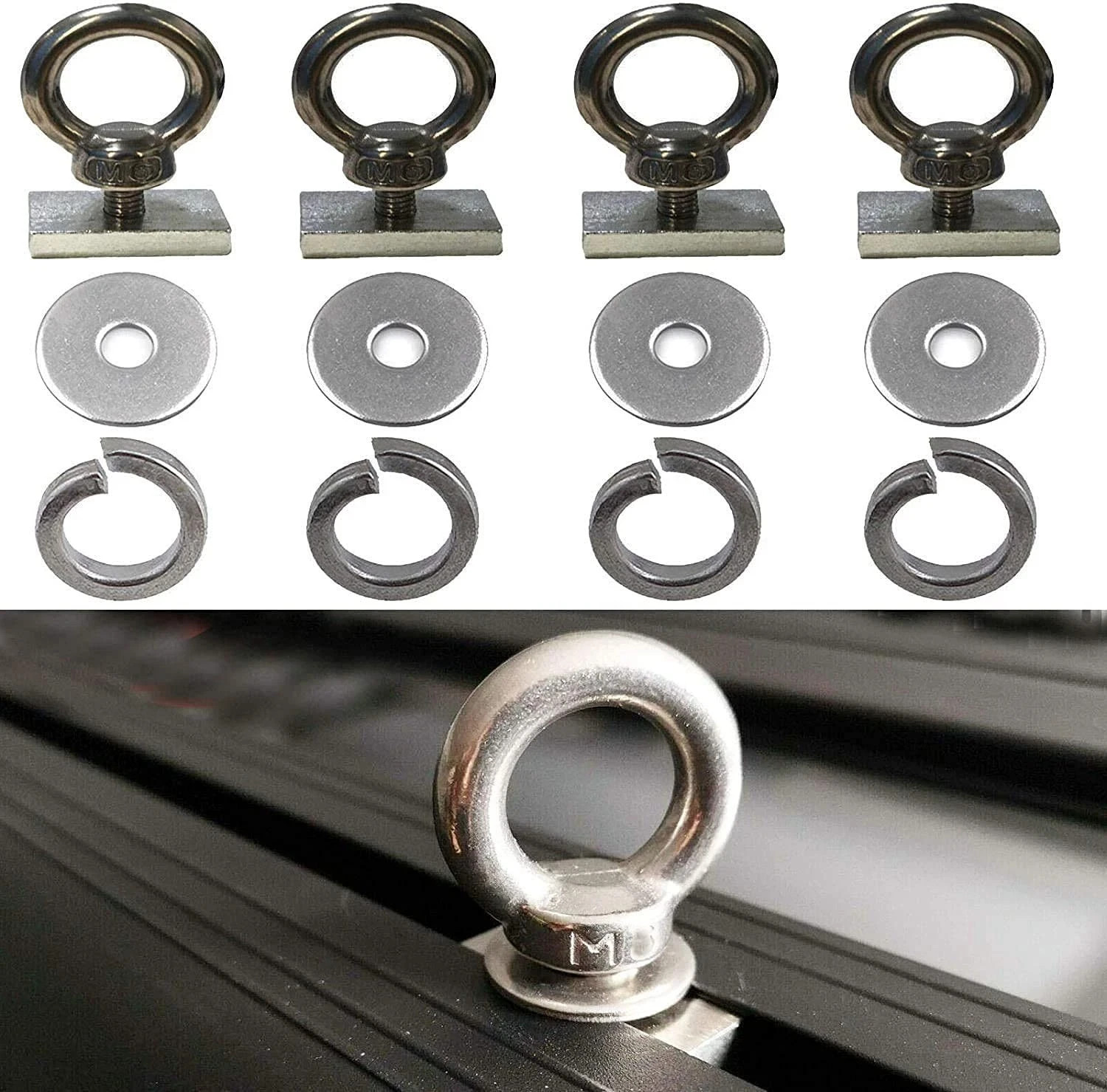 4 Pack Heavy-Duty Stainless Steel Eye Bolt tie Down Anchor kit for M6, Silver