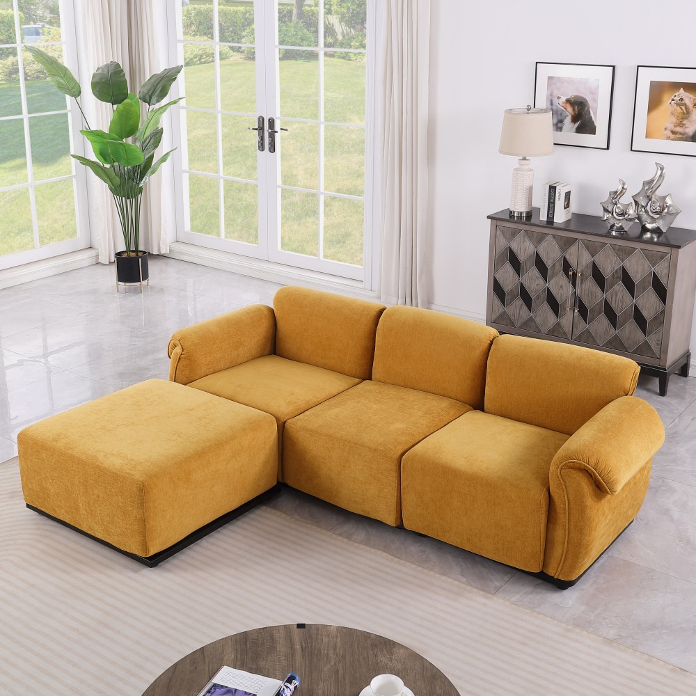 68.5" Green Chenille Sectional Sofa, Iron Frame, Split Back, Square Arms
