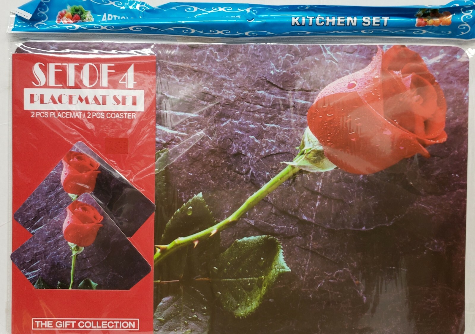 4pc Non Clear Thin Plastic Set: 2 PLACEMATS & 2 COASTERS,RED ROSE FLOWER, Mirtex