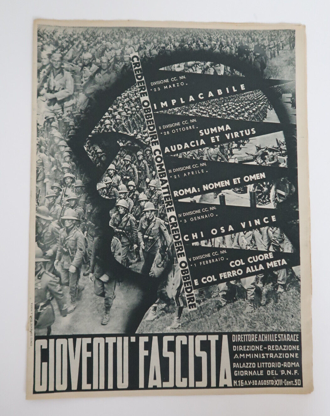 1930's Cioventu' Fascista Achille Starace Vintage Newspaper Italian Fascist War