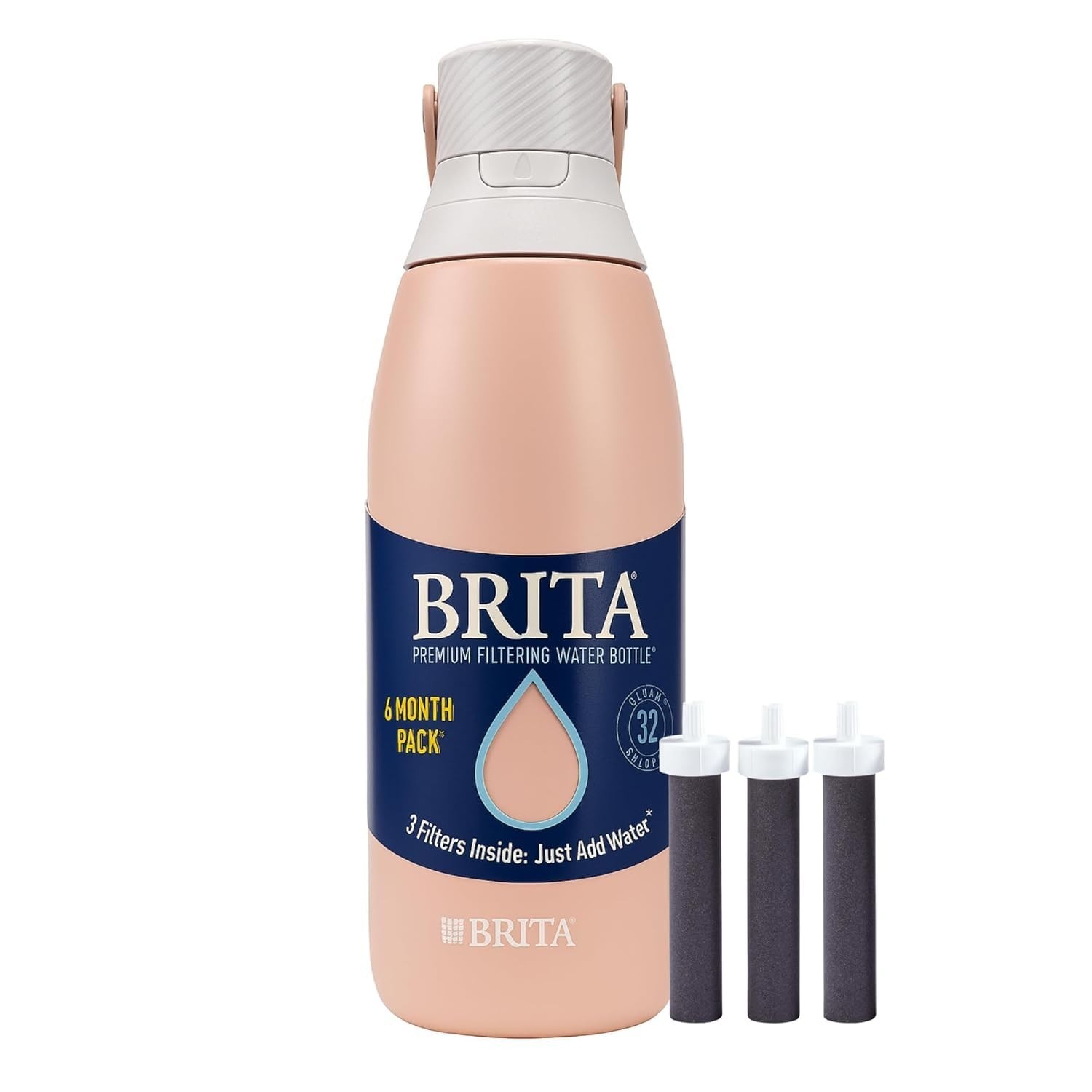 Brita Insulated Stainless Steel Filtered Water Bottle with 3 Filters, Rose 32 oz