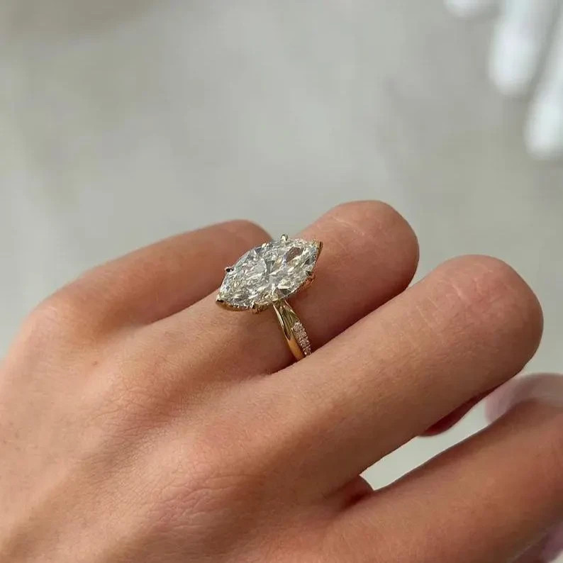 Engagement Accents Ring Marquise Cut Lab Grown Diamond 14k Solid Yellow Gold