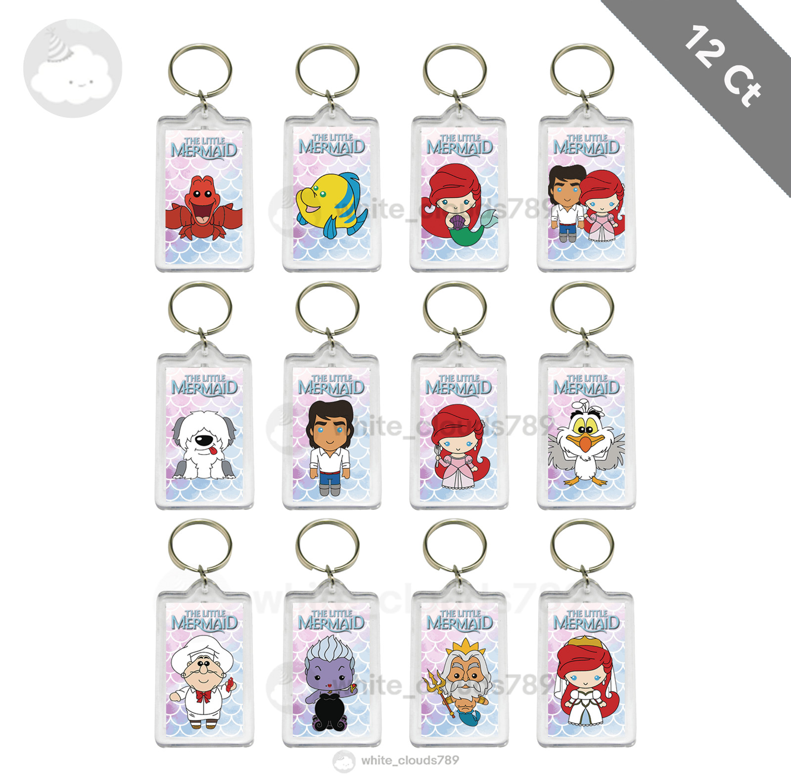 12 Princess Ariel The Little Mermaid Keychain for Birthday Party Favor Gifts
