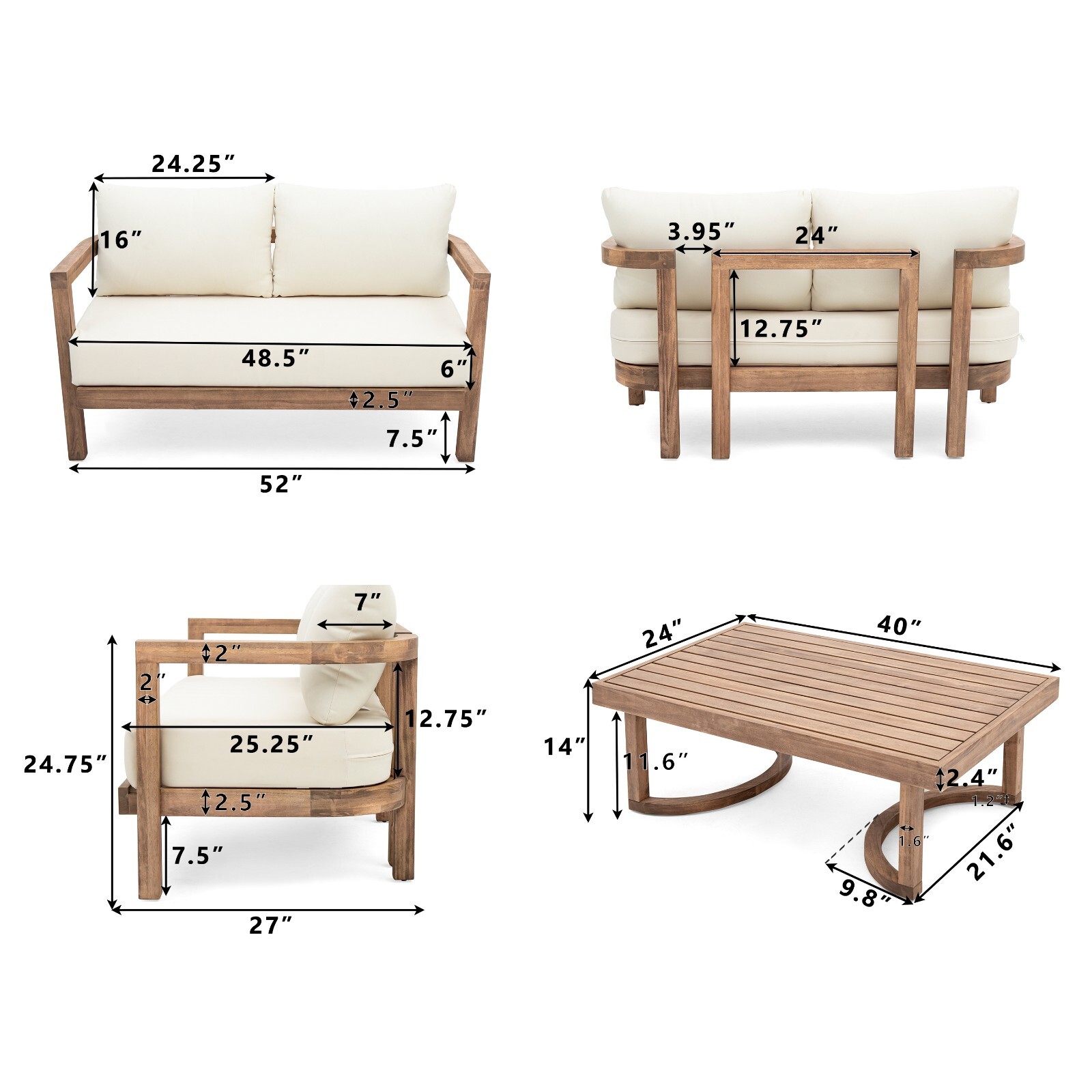 Outdoor Acacia Wood Loveseat and Coffee Table with Cushions