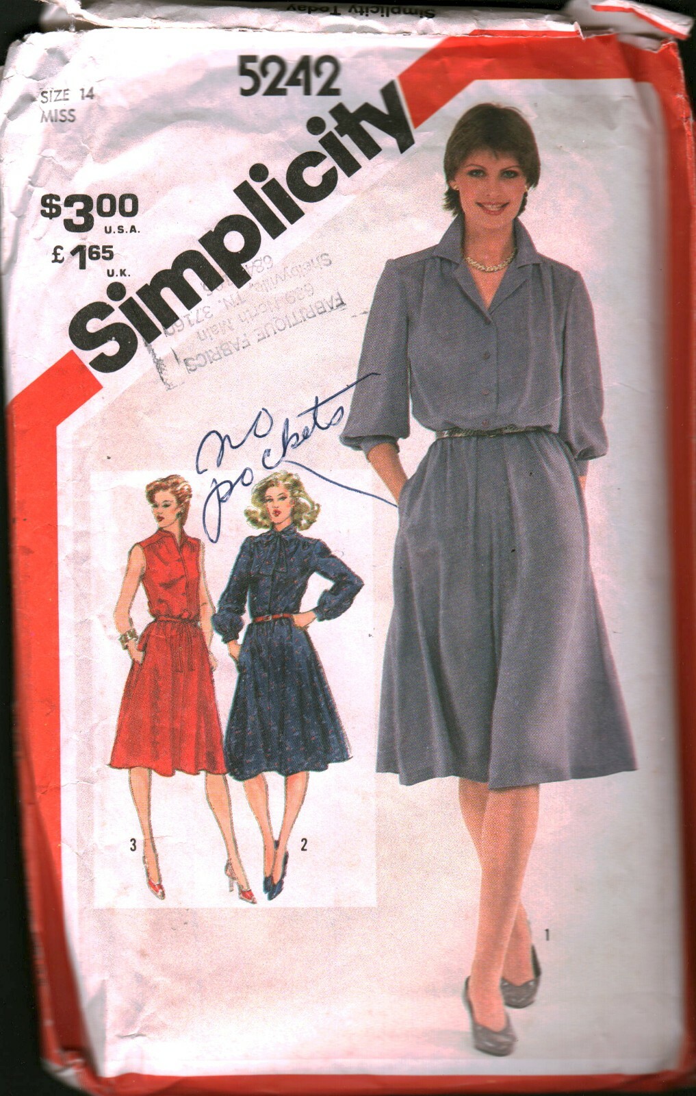 5242 Vintage Simplicity Sewing Pattern Misses Pullover Shirtdress Dress 1980s 14