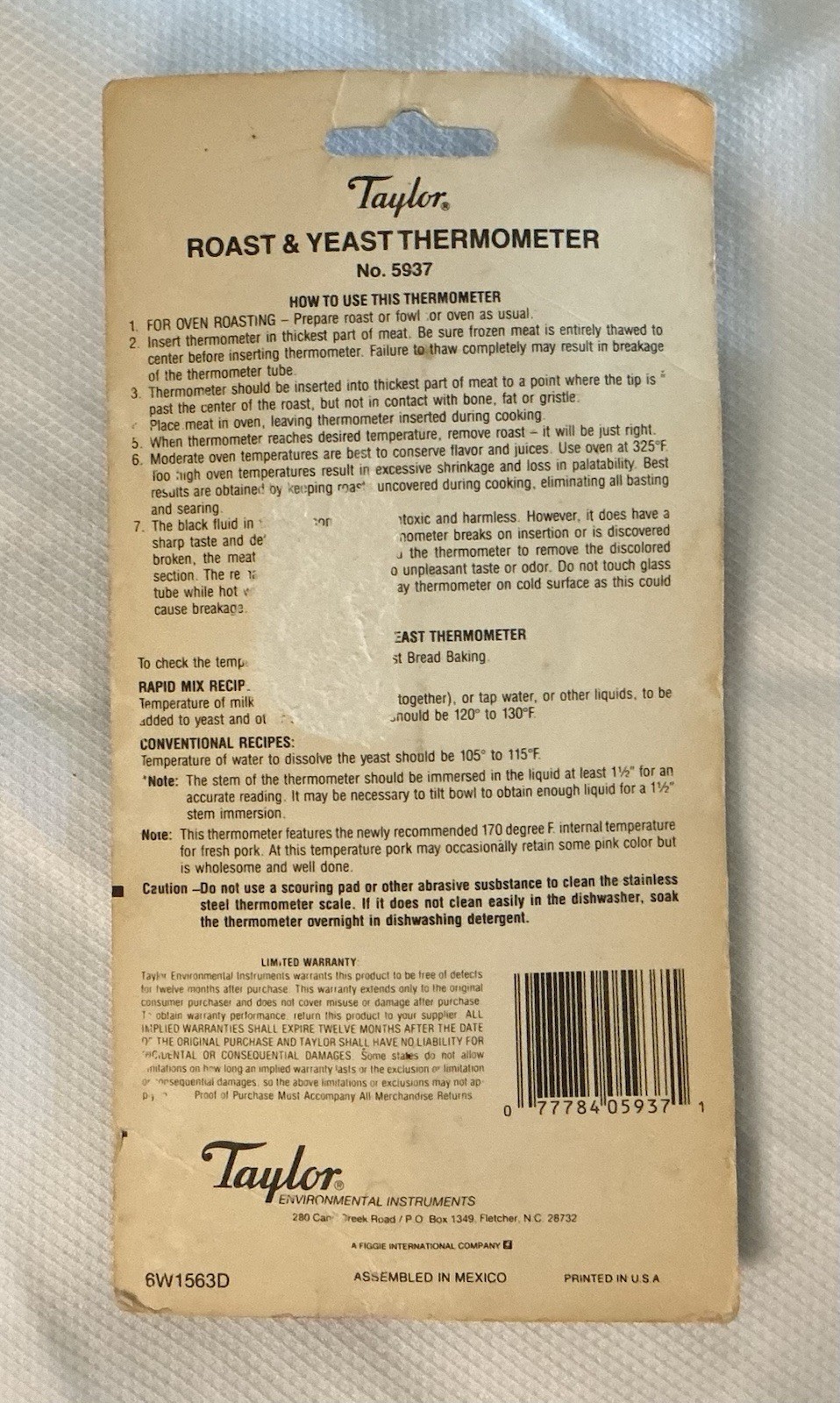 Taylor Roast Yeast Thermometer NOS # 5937