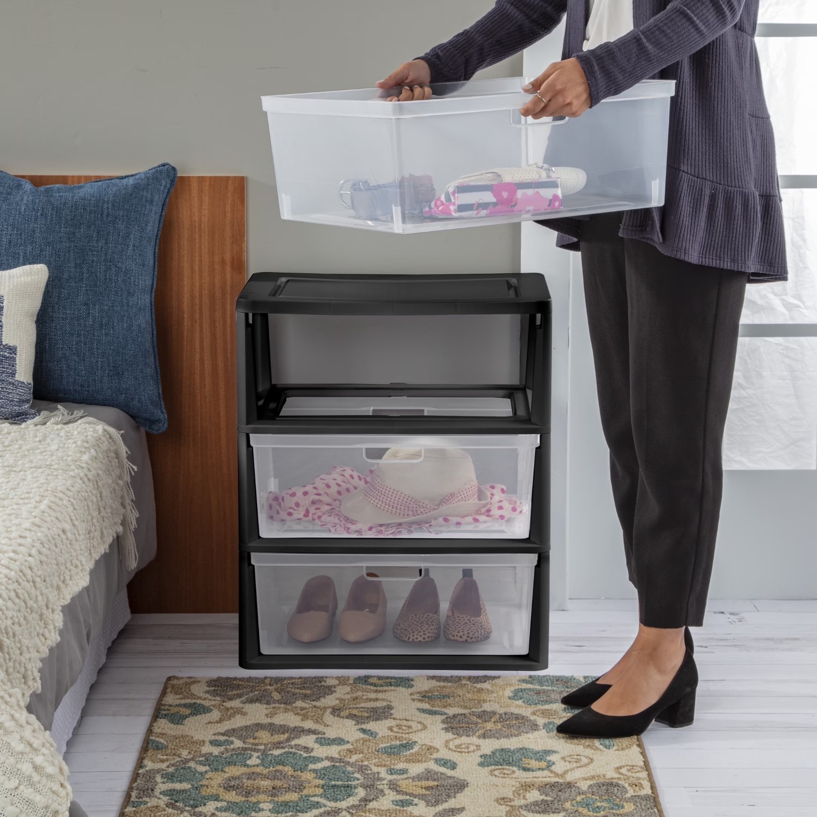 (2 pack) Sterilite Wide 3 Drawer Tower, Plastic Storage Organizer with Removable