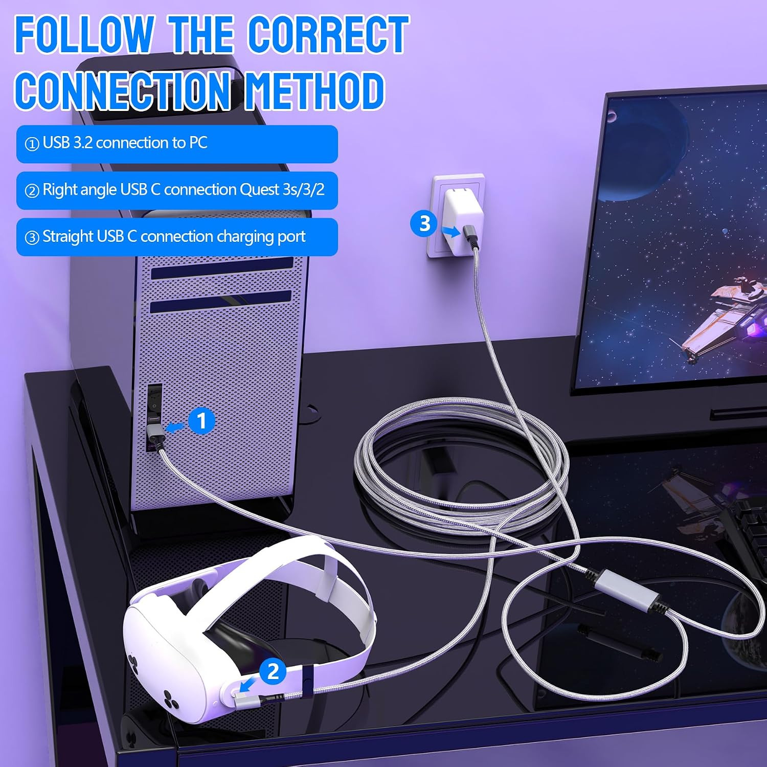 Link Cable for Meta/Oculus Quest 3S/3/2, 16FT Charging Cable Link, Connects