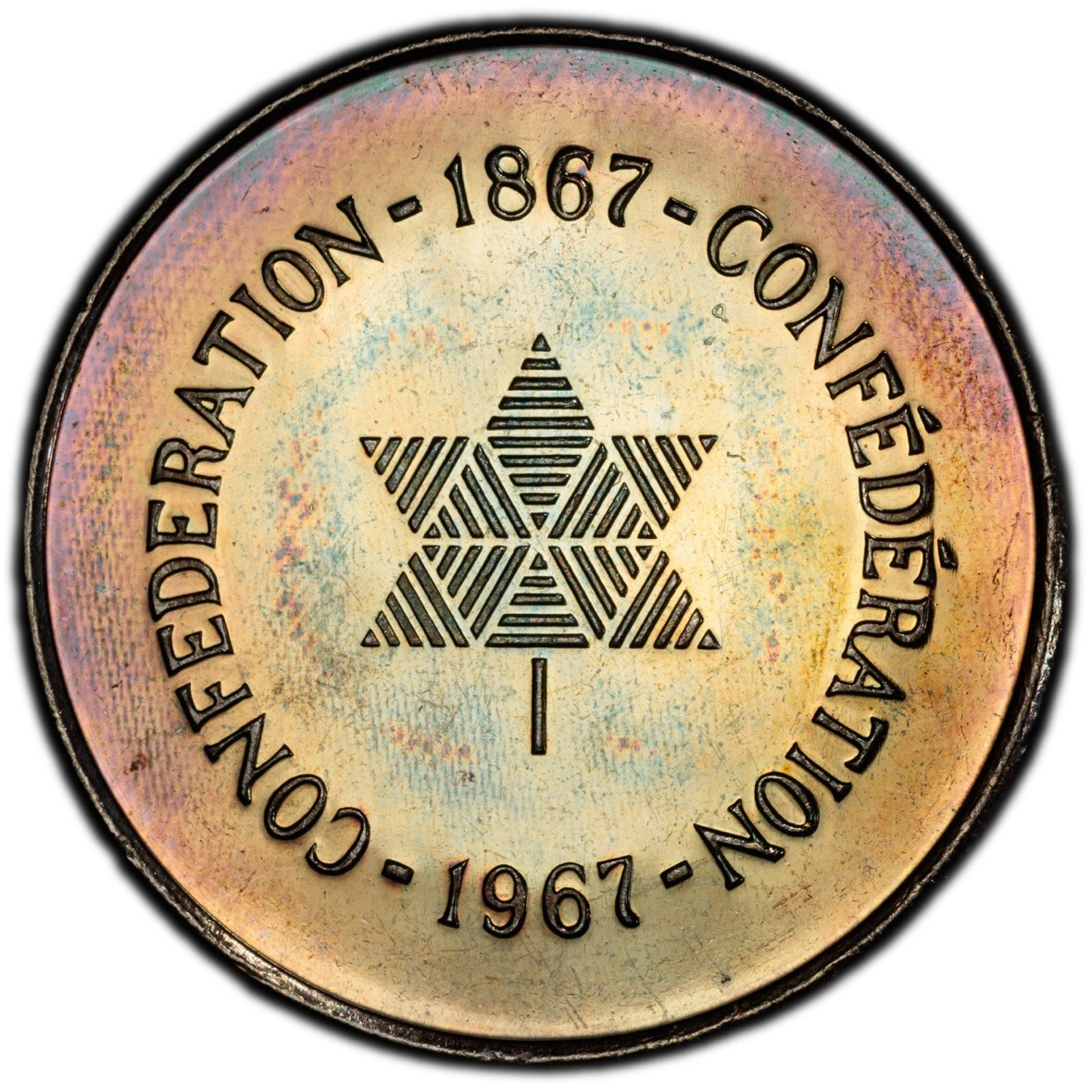 PL65 1967 Canada Silver Centennial Proof Medal, PCGS Trueview- Rainbow Toned