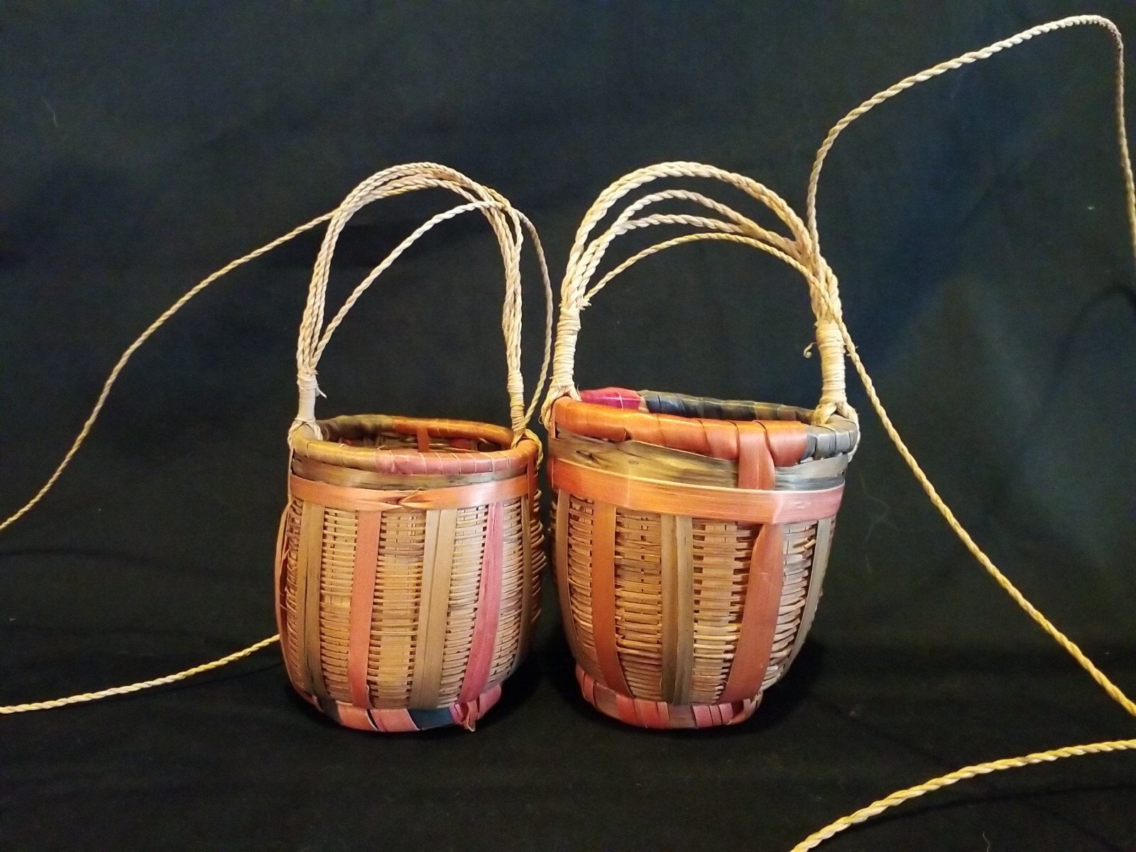 Vtg. Small Hanging Straw Baskets, Set of 2