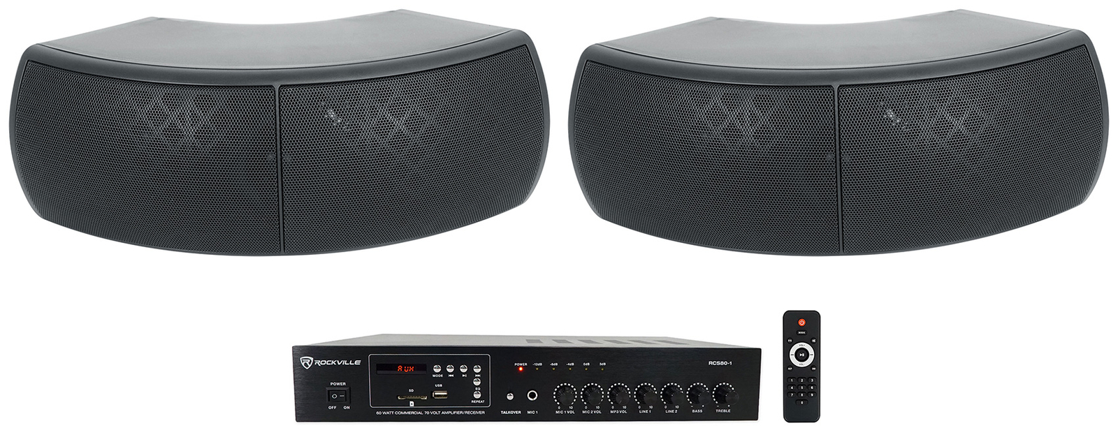 Rockville Commercial Receiver+2 Dual 4" Black Indoor/Outdoor Restaurant Speakers
