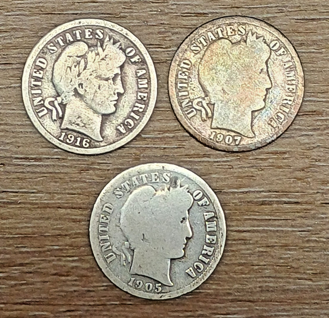 1916, 1907-D, 1905-O, 90% Silver Barber Dime Lot of 3 coins grading AG or Better