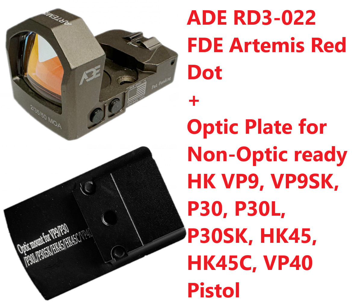 ADE FDE RD3-022 Red Dot+Optic Plate for HK VP9,VP9SK,VP40,P30,P30SK,HK45C Pistol
