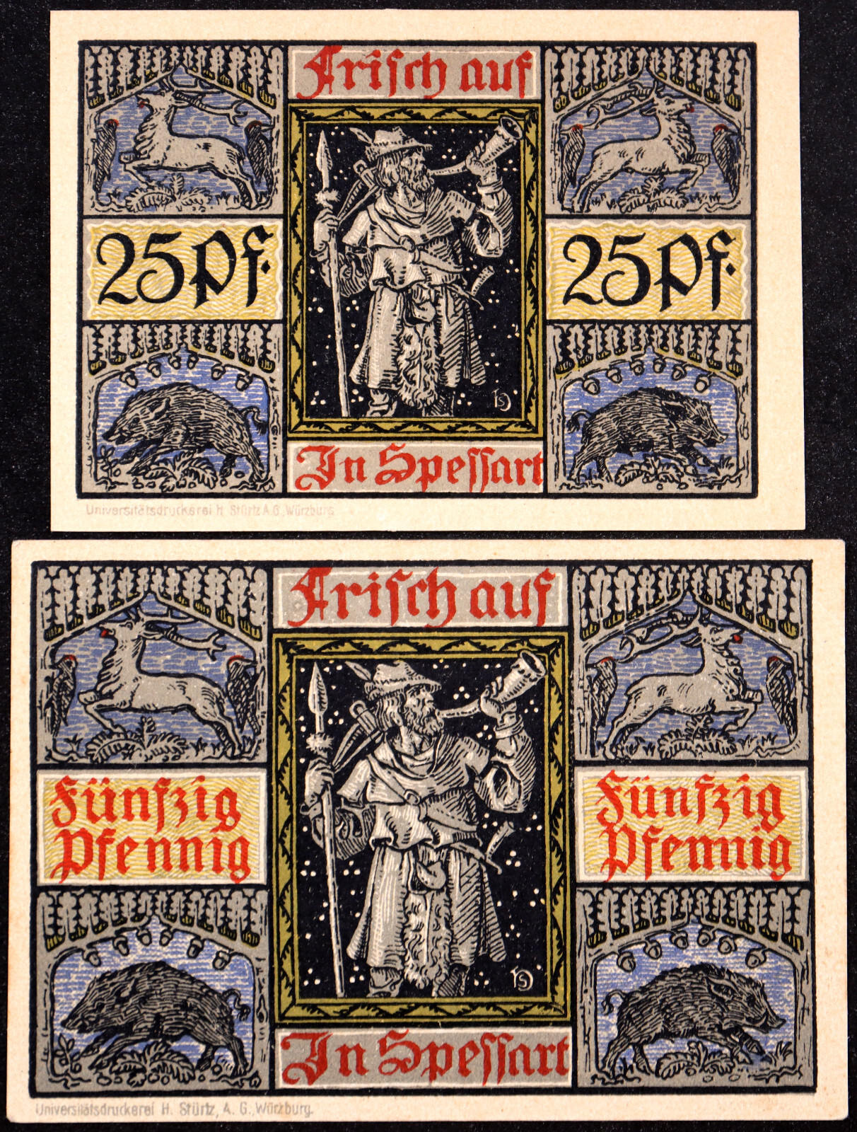ASCHAFFENBURG ca. 1920 "Hunter with Horn" Complete Set German Notgeld