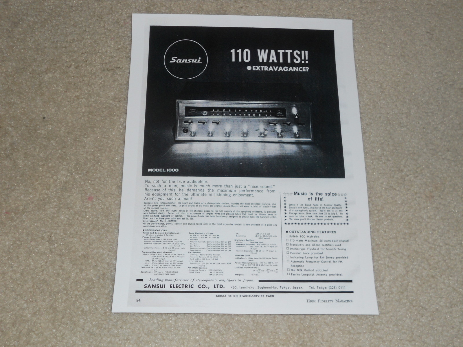 Sansui Model 1000 Tube Amplifier Ad, 1 page, 1965, Specs, Features