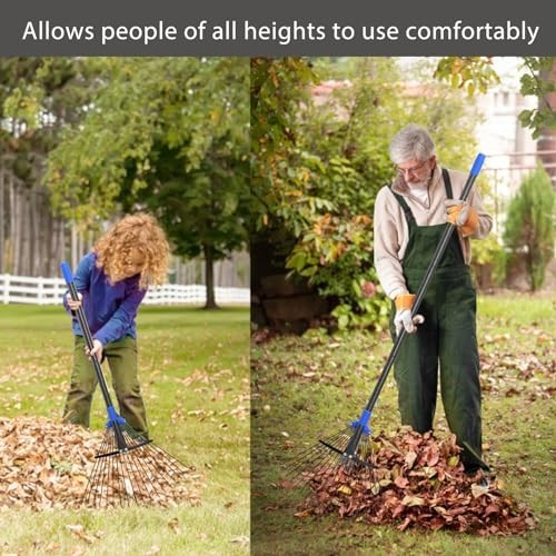 Adjustable Metal Leaf Rake with Long Handle - Heavy Duty Expandable Garden Rake