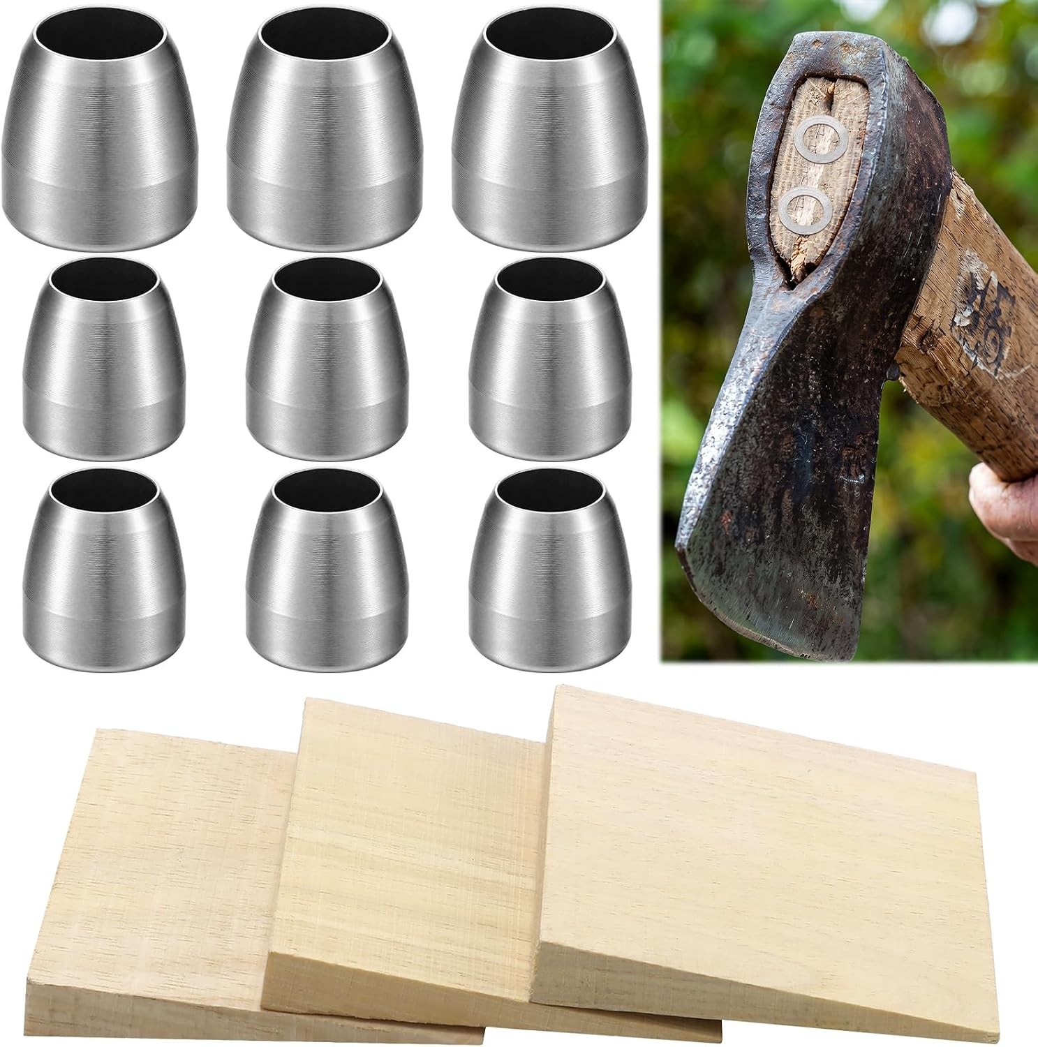 12 Pcs Axe Handle Steel Wedge Kit 9 Conical Hammer Wedges and 3 Wooden for
