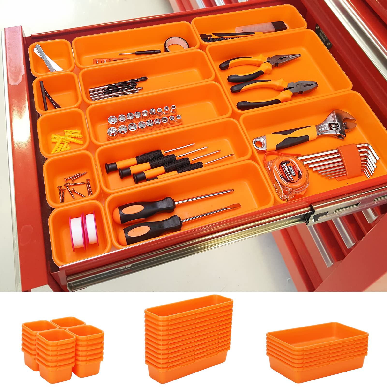 42 Pack Tool Box Organizer Tray Dividers, Rolling Chest Cart Orange