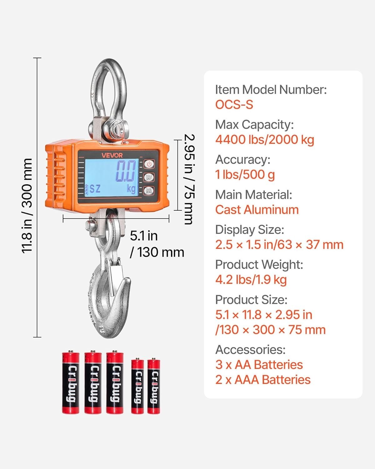 Vevor Digital Crane Scale 4400 Lb 2000 Kg Hanging Scale Lcd Remote