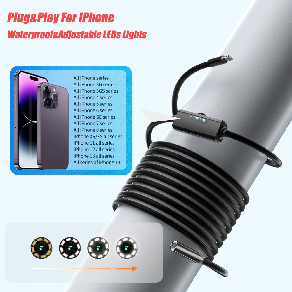 8LED Endoscope Borescope 8mm Inspection Camera Scope for iOS iPhone 14 13 12 11