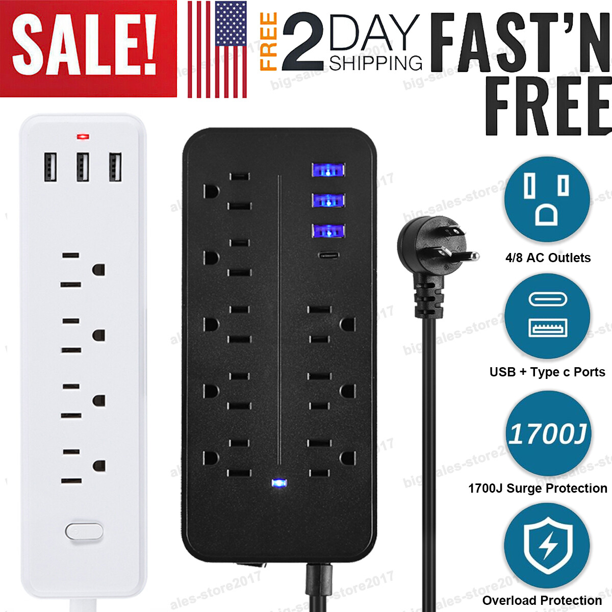 4/8 Outlet Wall Mountable USB Surge Protector Power Strip USB Ports Type C Plugs