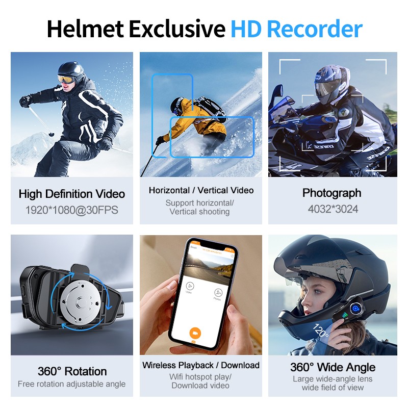 Auriculares BT para casco de motocicleta cámara grabadora de conducción HD 1080P