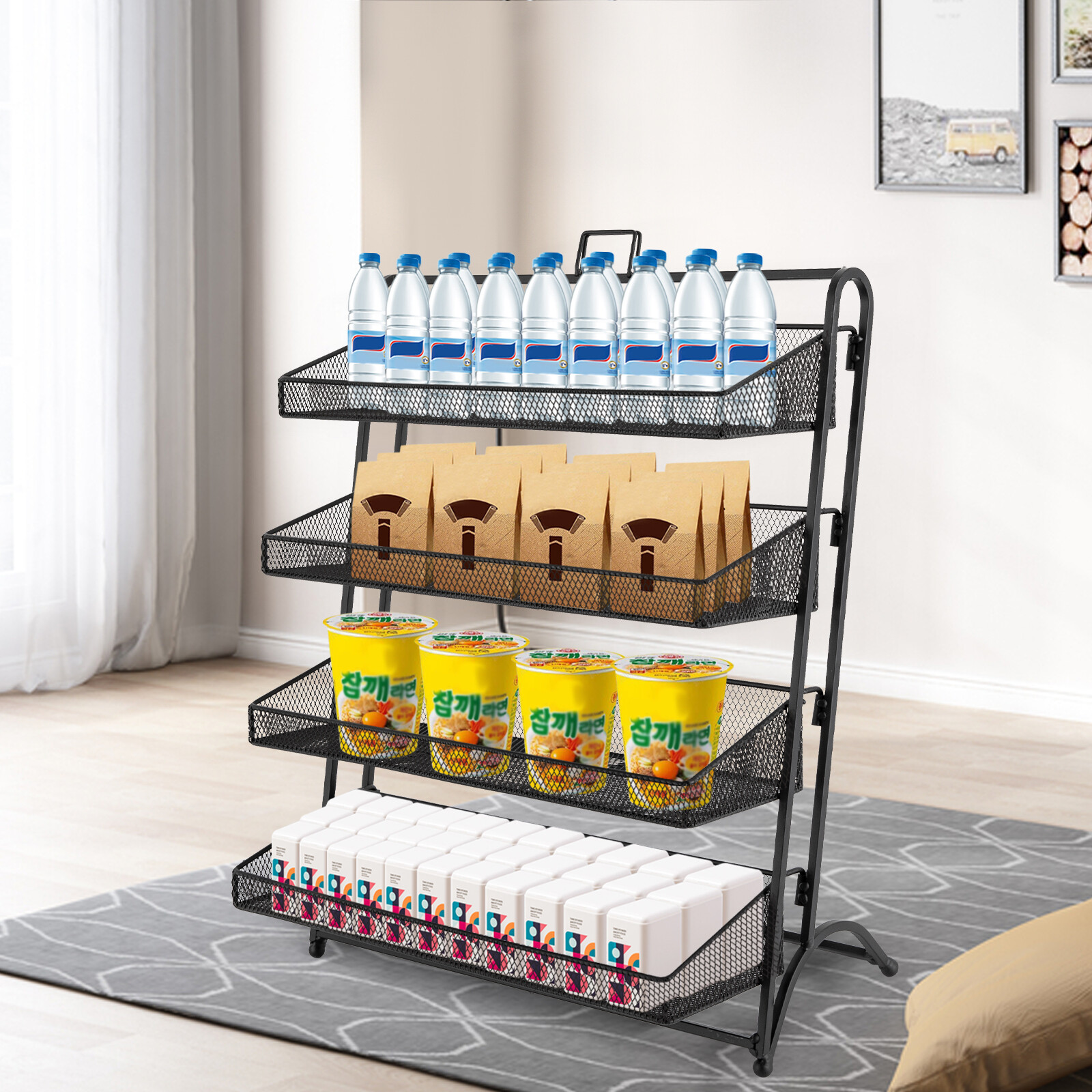 4 Tiers Display Rack Stand Iron Retail Snacks Food Candy Shelf Organizer Black
