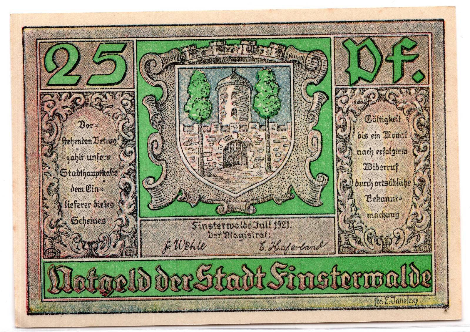 1921 Germany Finsterwalde Notgeld 25 Pfennig Note (2580)
