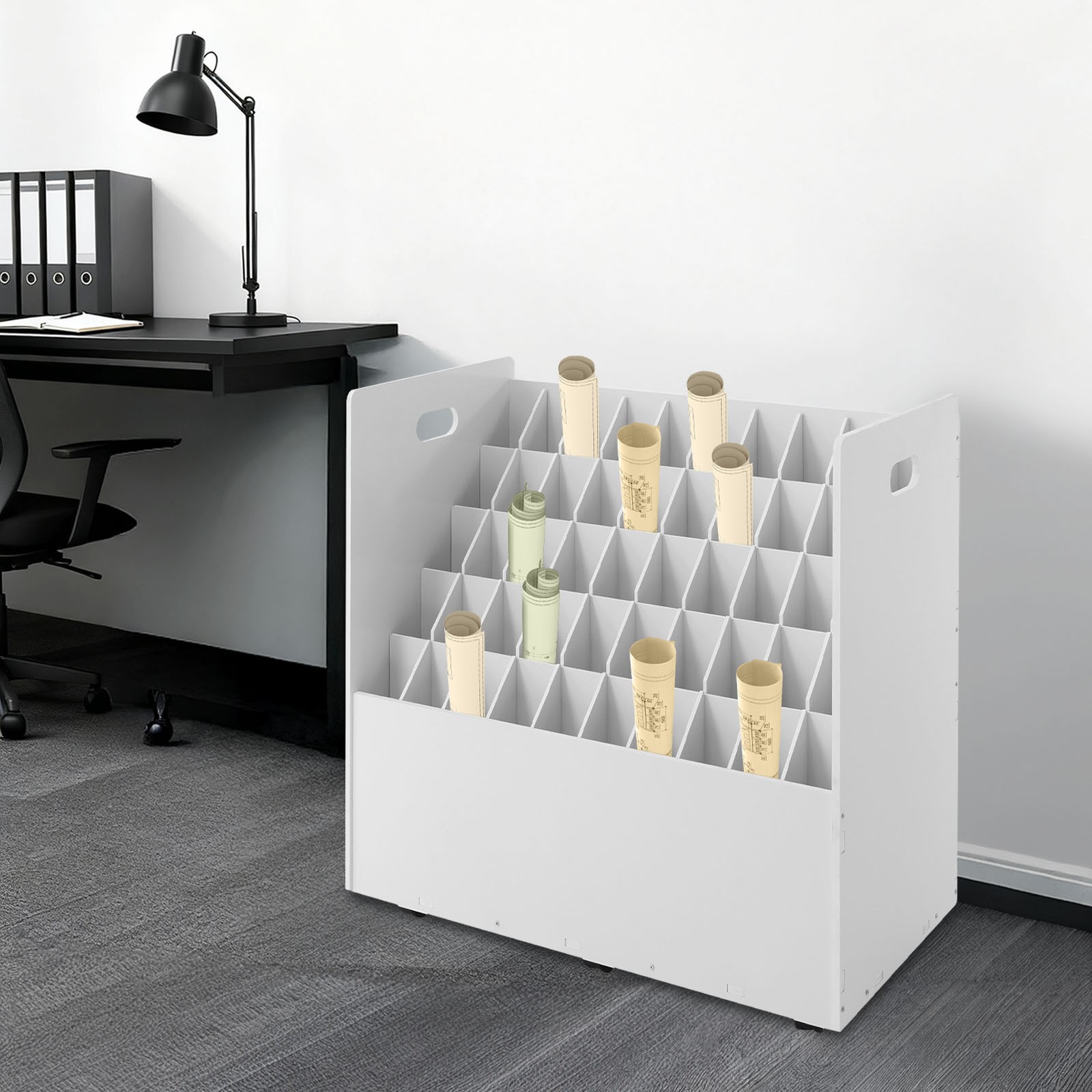 50-slot Blueprint Organizer Roll File Storage Holder Movable Roll File Cart