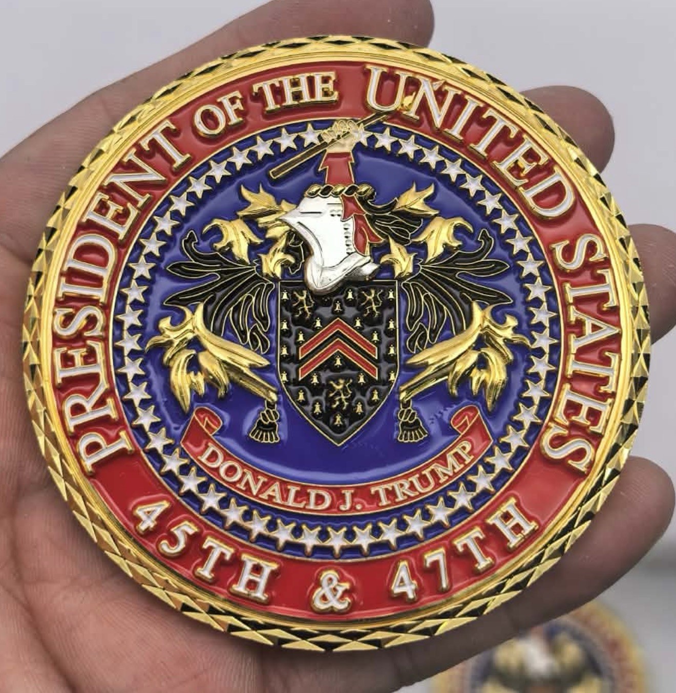 President Trump Challenge Coin Red White And Blue Version. 3” Coin