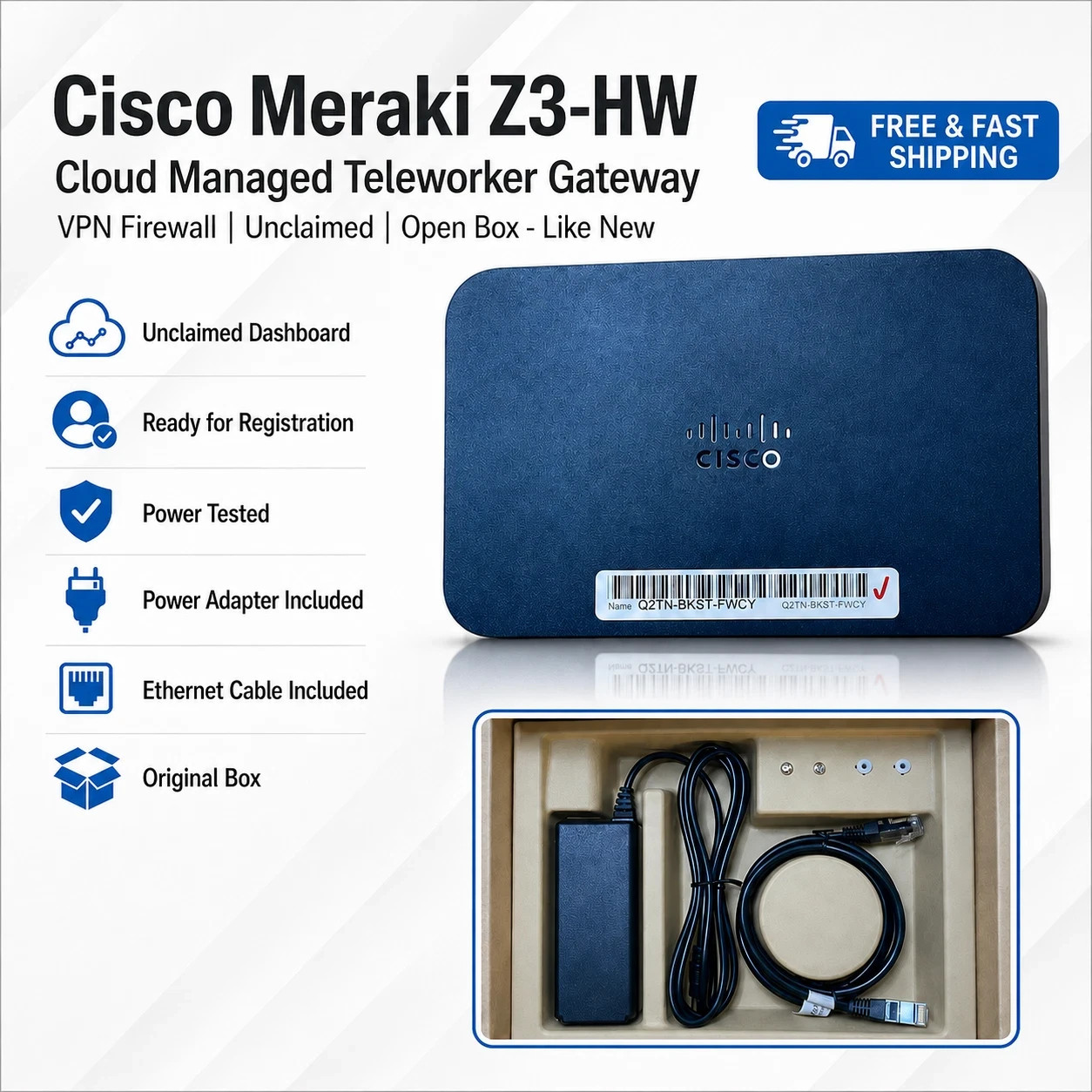 💥Cisco Meraki Z3 Wifi 4P VPN Gateway Firewall with Genuine AC Adapter Unclaimed