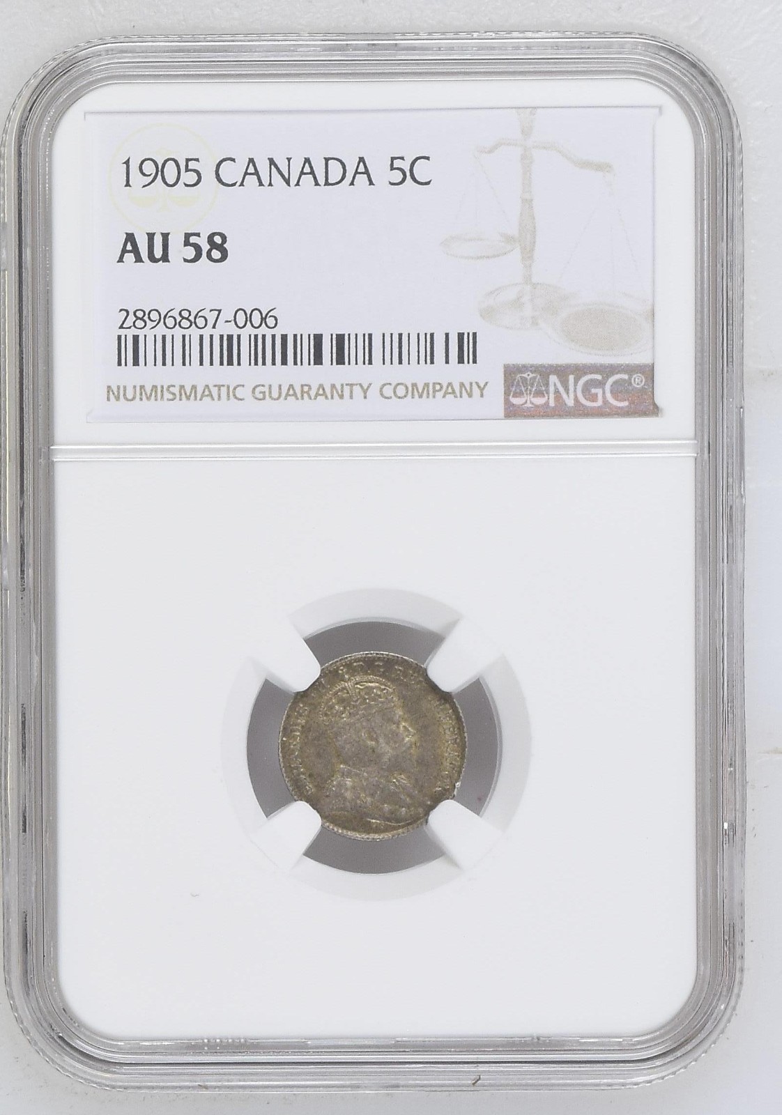 1905 Canada 5 Five cents, 5c, Edward VII, Silver, KM# 13, NGC AU 58