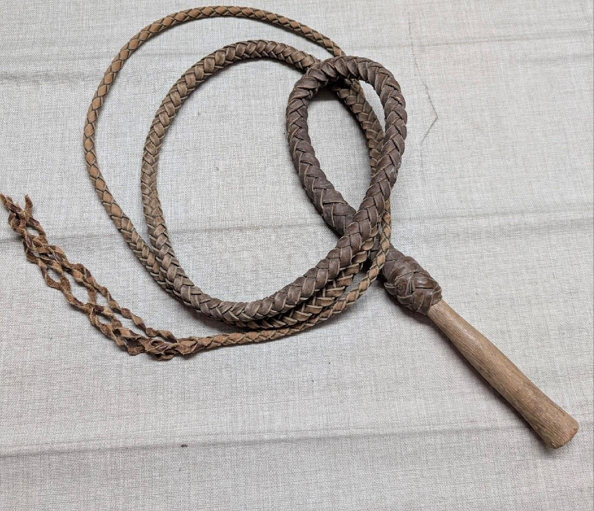 antique 11' thick BULL WHIP brown leather BRAIDED vintage COWBOY equestrian