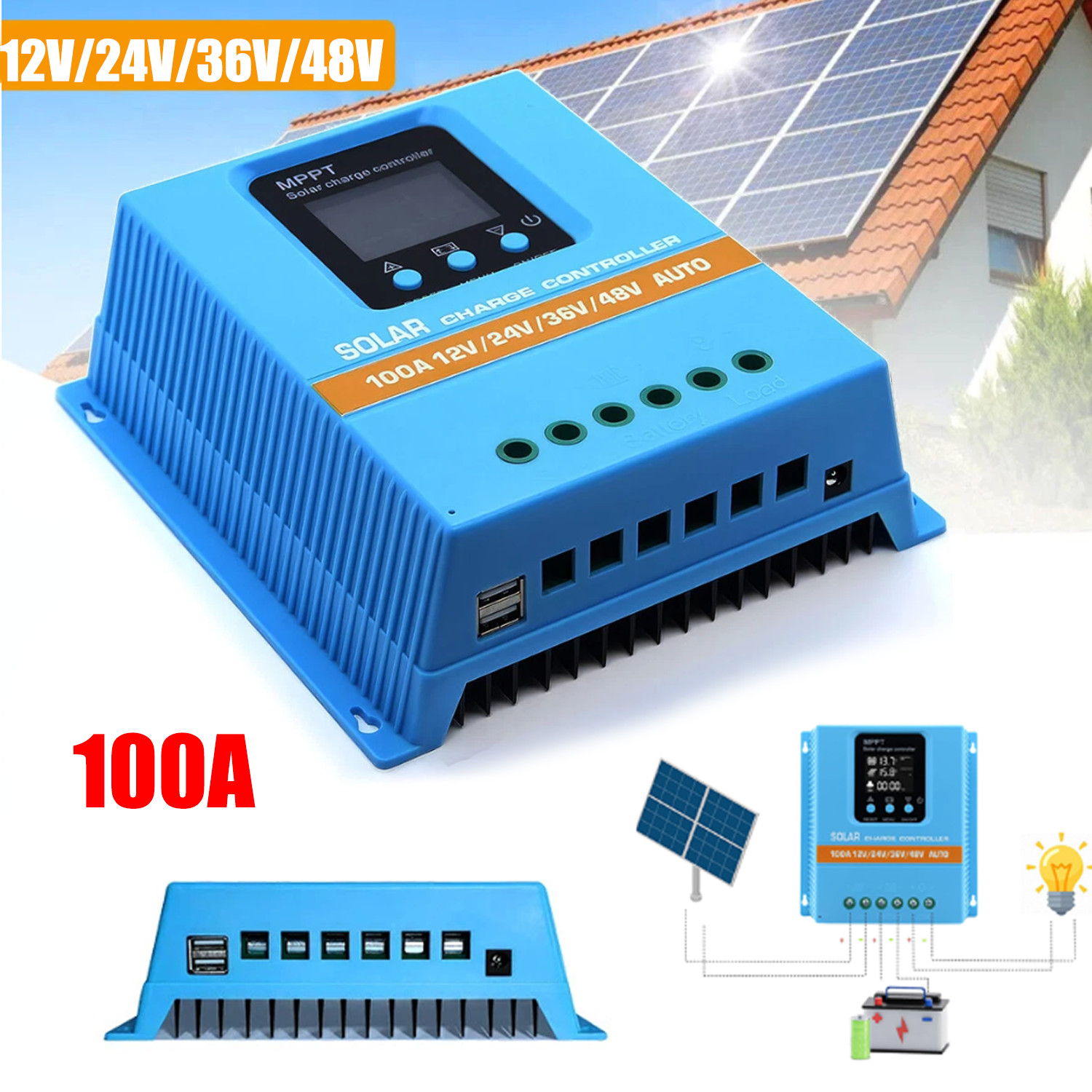 Upgrade 100A 12V/24V/36V/48V MPPT Solar Charge Controller PV Charger Controller