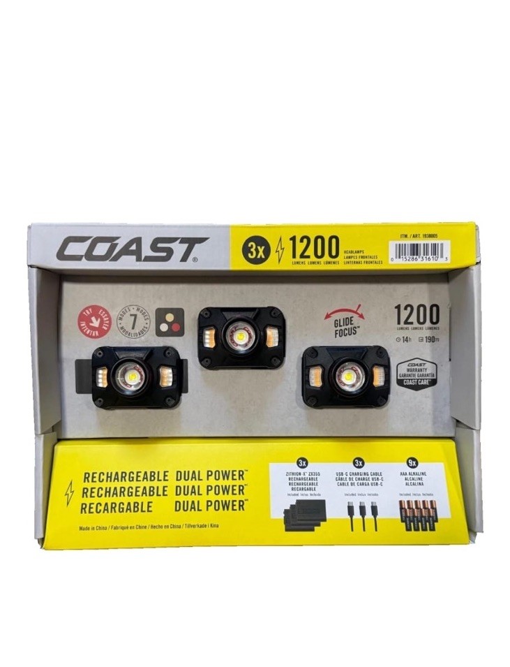 COAST CH1200R Rechargeable LED Headlamp 3-Pack 1200 Lumens Dual Power OEM