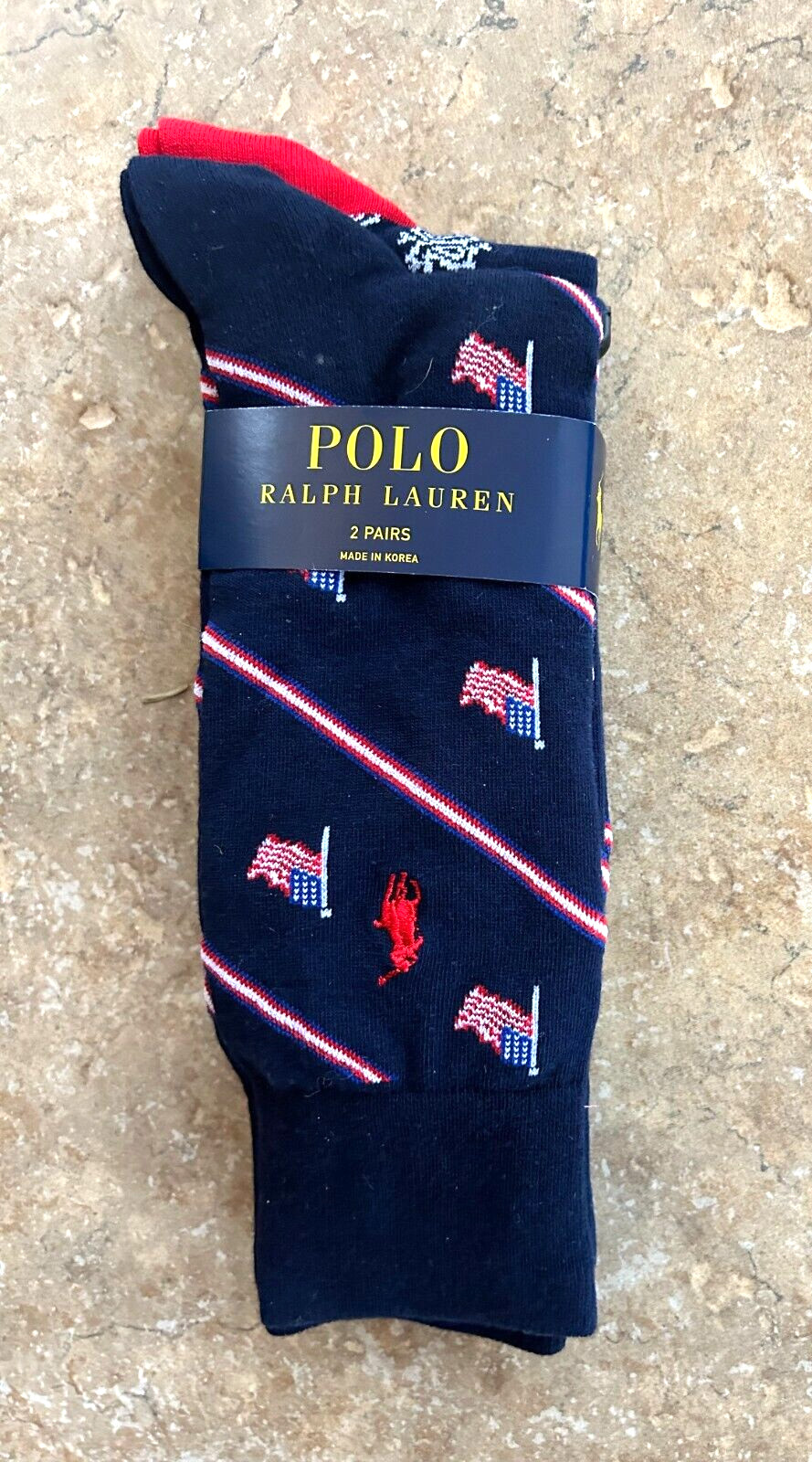 Polo Ralph Lauren Mens Socks 2 Pair (10-13) Striped wFlag & Navy Paisley $22 NWT