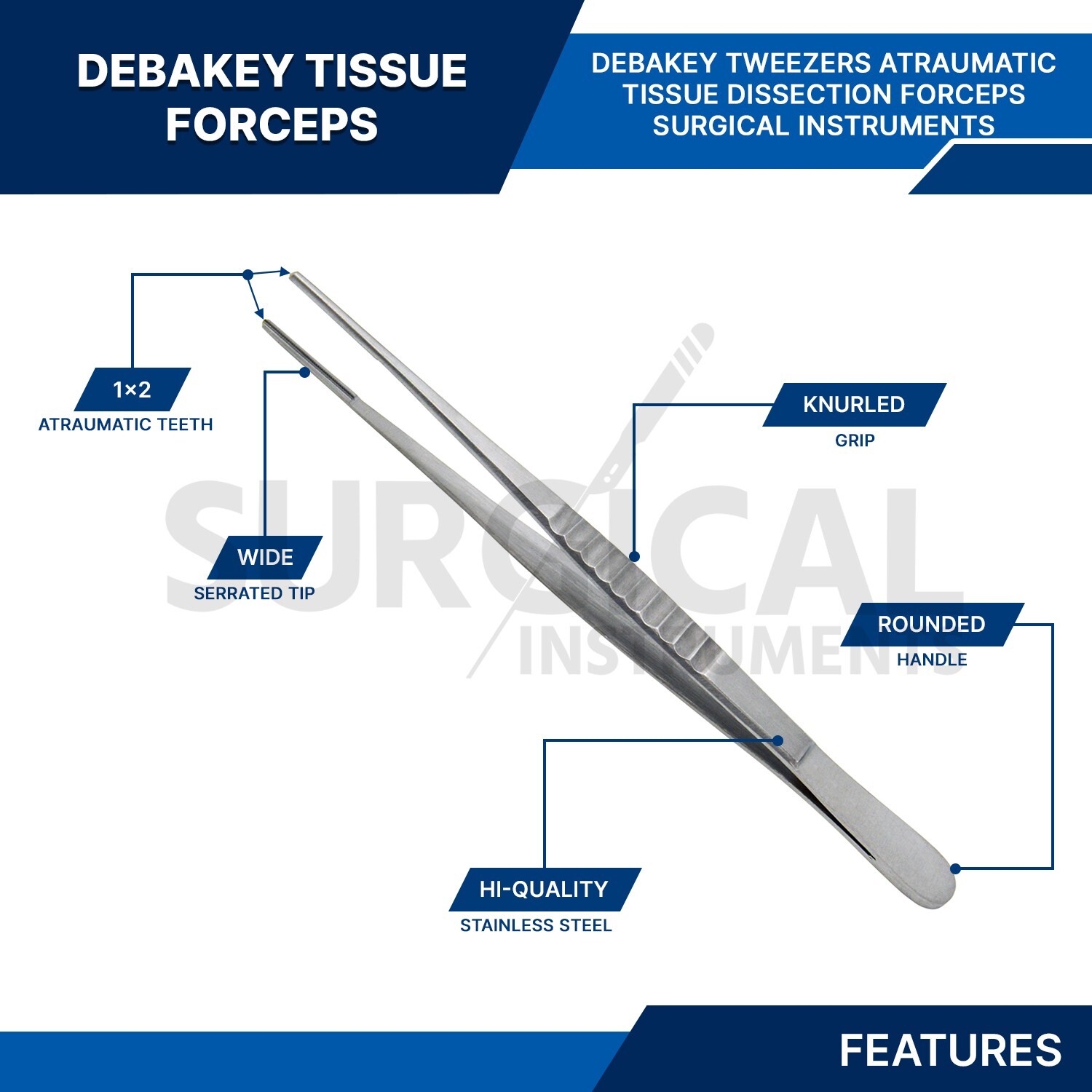 Debakey Atraumatic Artery Forceps Clamp 8" with 2MM Tip ENT Surgical German Gr
