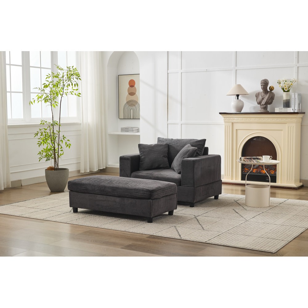 Modern Chaise Lounge Chair w/ Ottoman Sleeper Sofa Bed Dark Gray Corduroy