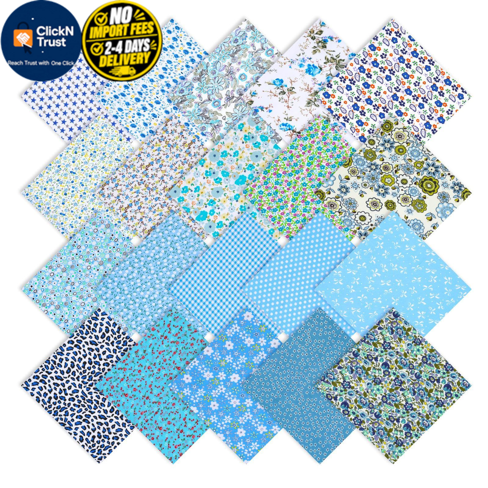Dercuy 60 Pcs Fabric Squares, Blue Floral Cotton 10 x 10 inches,