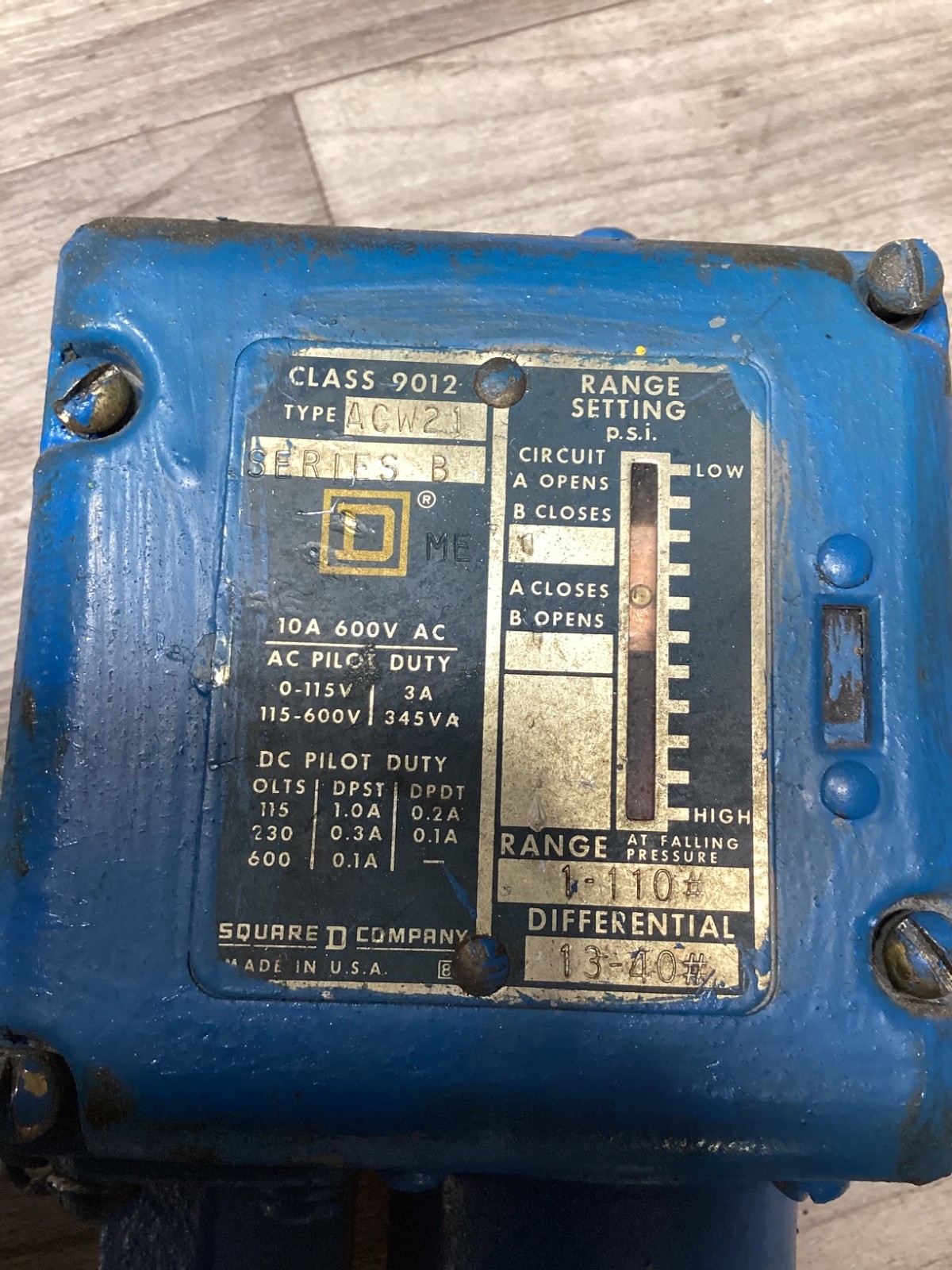 SQUARE D 9012 ACW21 PRESSURE SWITCH #123B108PR2