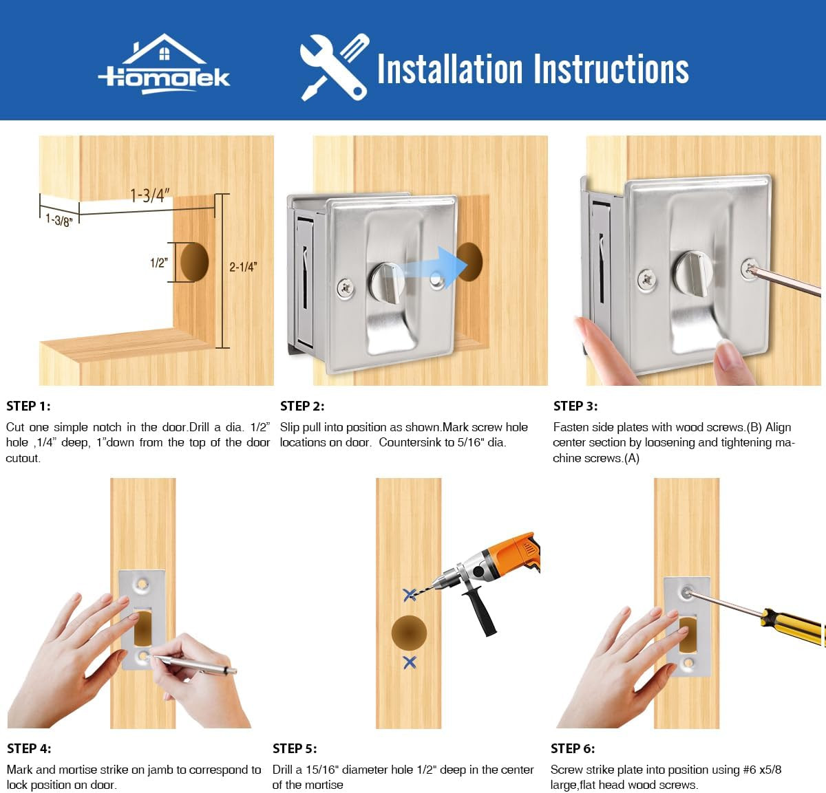 HOMOTEK Privacy Pocket Door Lock Hardware with Pull - Replace Old or Damaged Sli