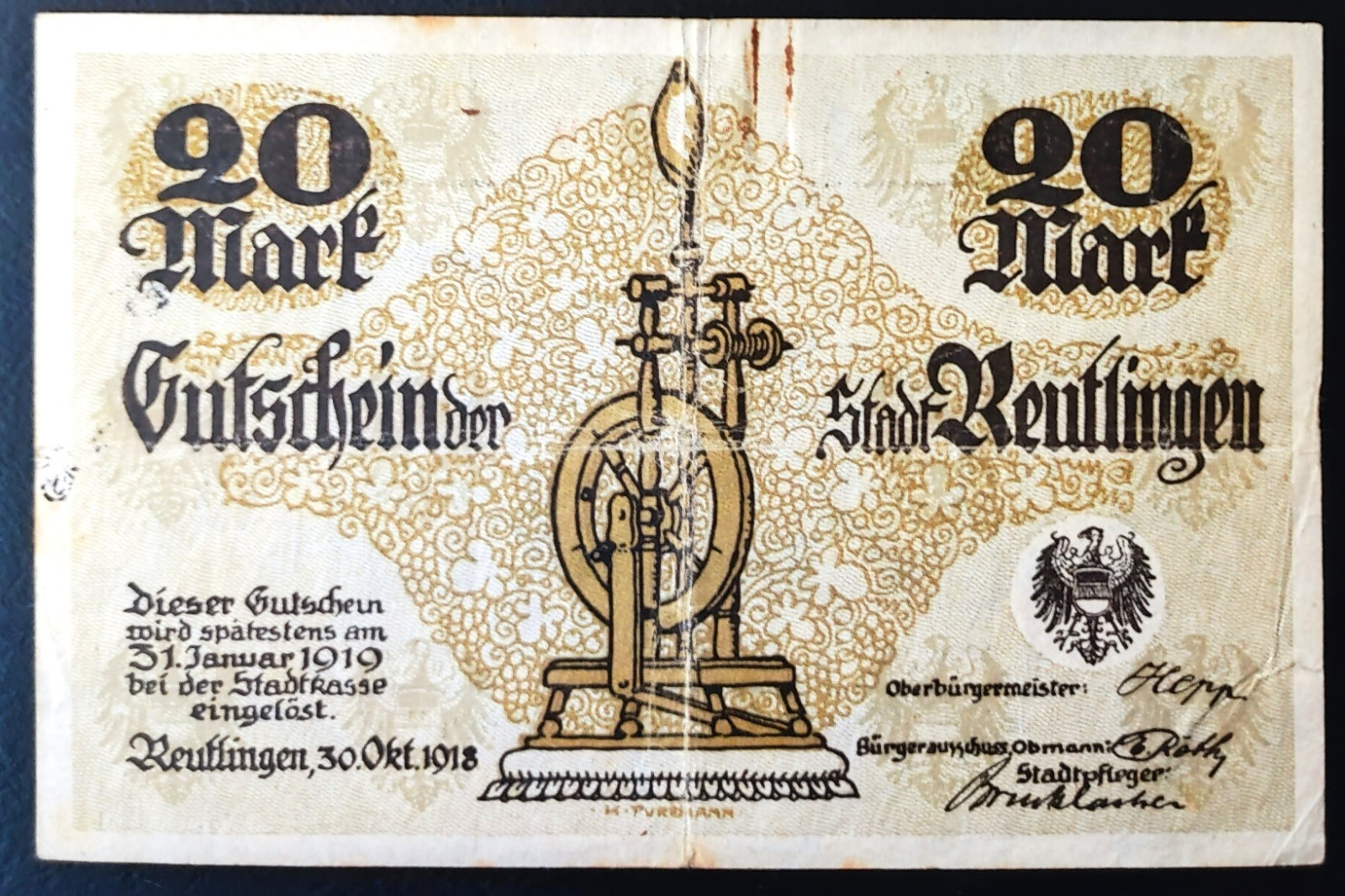 Germany 1918 - Notgeld: Reutlingen (Württemberg) - 20 Mark - cancelled