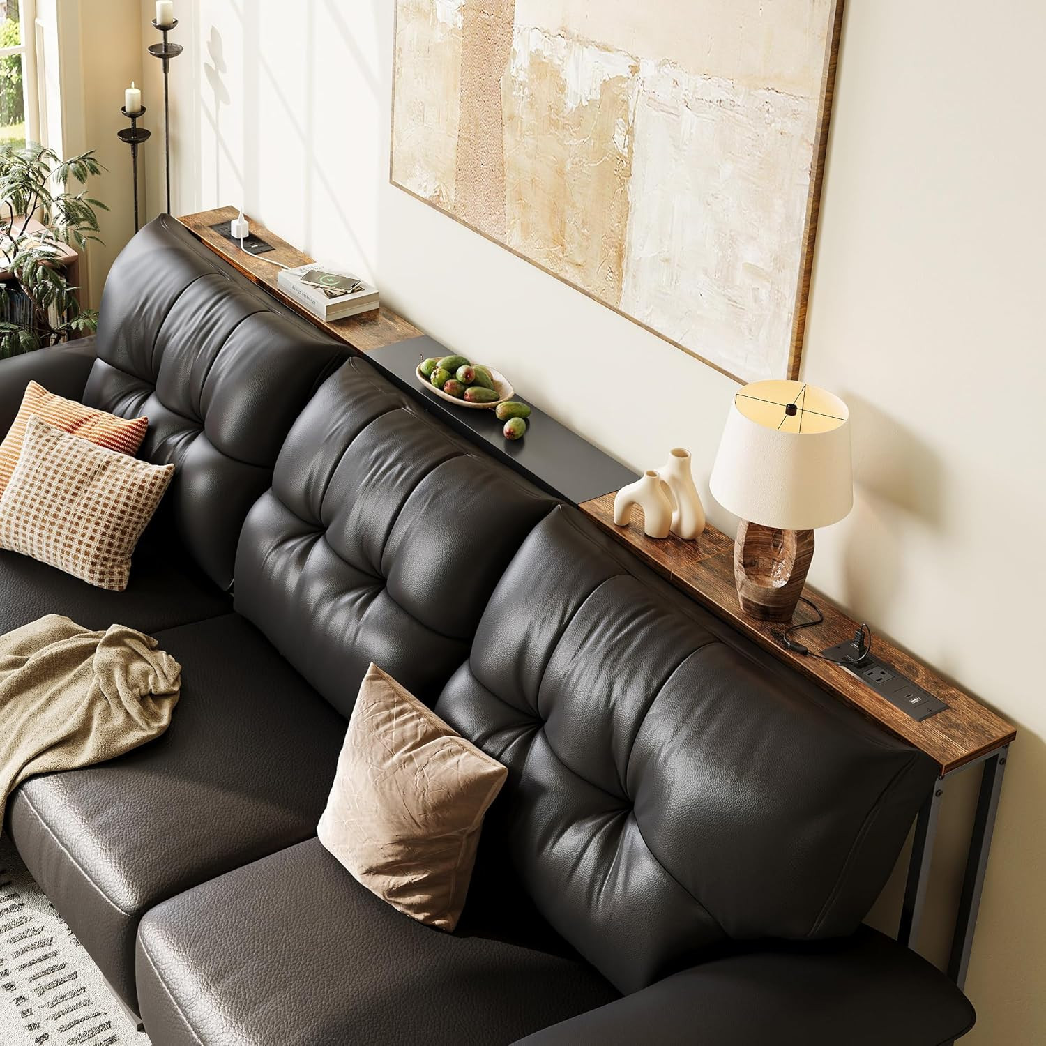 Narrow Sofa Table with 2 Power Outlets, 86.6-110.2 Inch Adjustable Length, behin