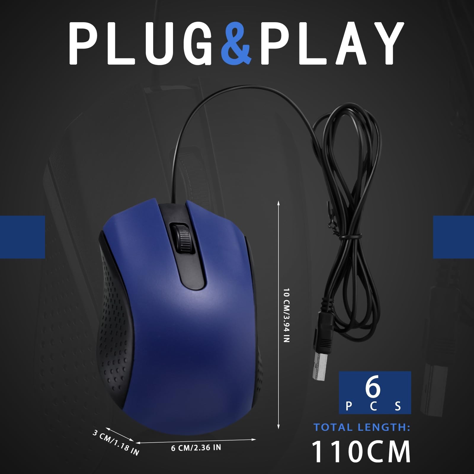 Wired USB Computer Mouse Bulk 6 PCS 3 Button Corded Mice for Laptop Blue