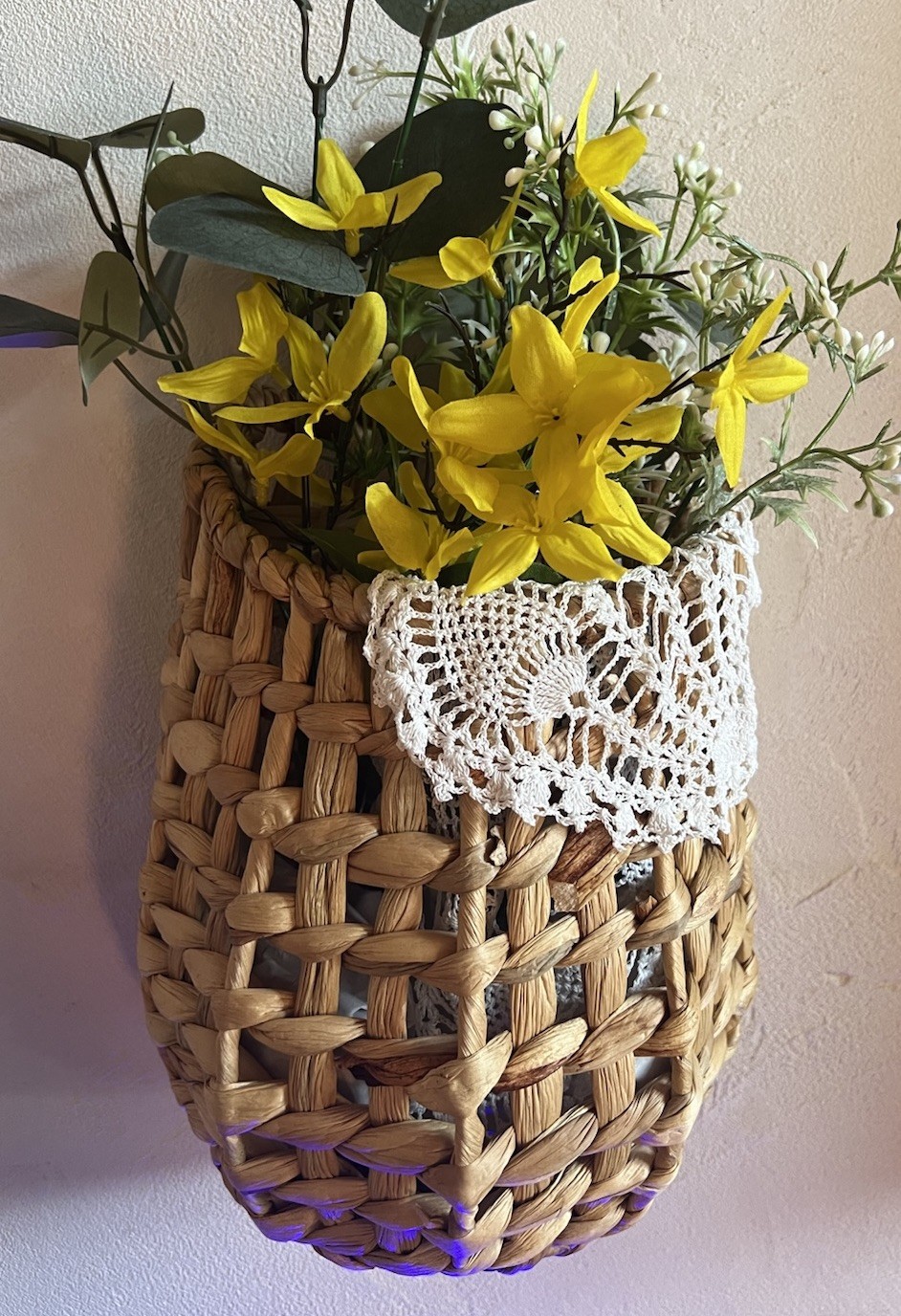 Small Oval Wicker Hanging Basket with Leather Handle Brown Farmhouse Décor