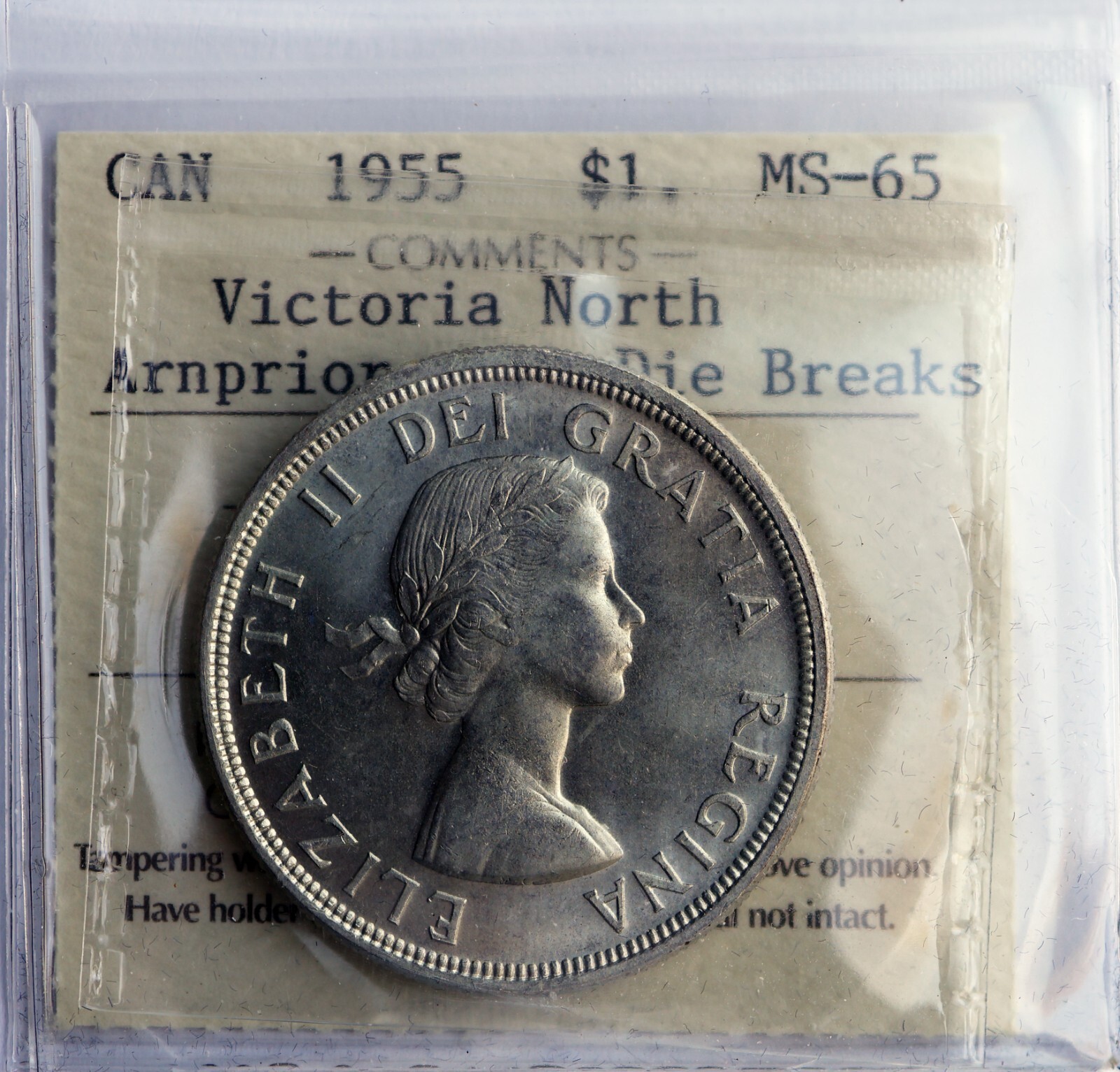 1955 Canada Silver Dollar ARNPRIOR with Die Break - ICCS GEM Uncirculated MS 65